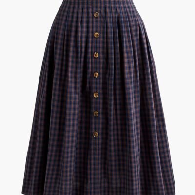 Pleated Button-Front Midi Skirt (Navy Brown)