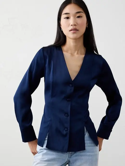 Silky Seamed Slit Blouse (Preppy Navy)