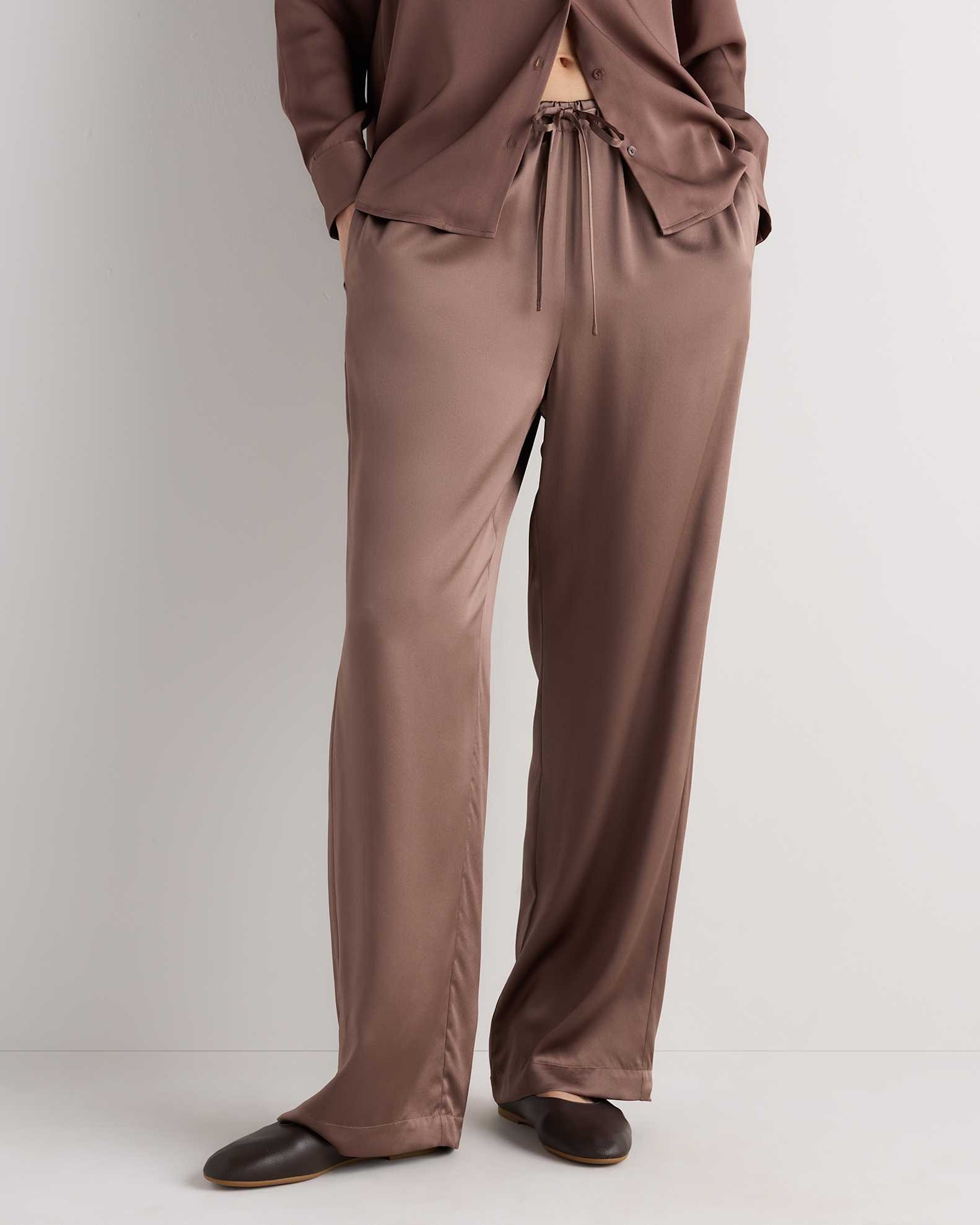 100% Washable Silk Drawstring Wide Leg Pants (Mink Taupe)