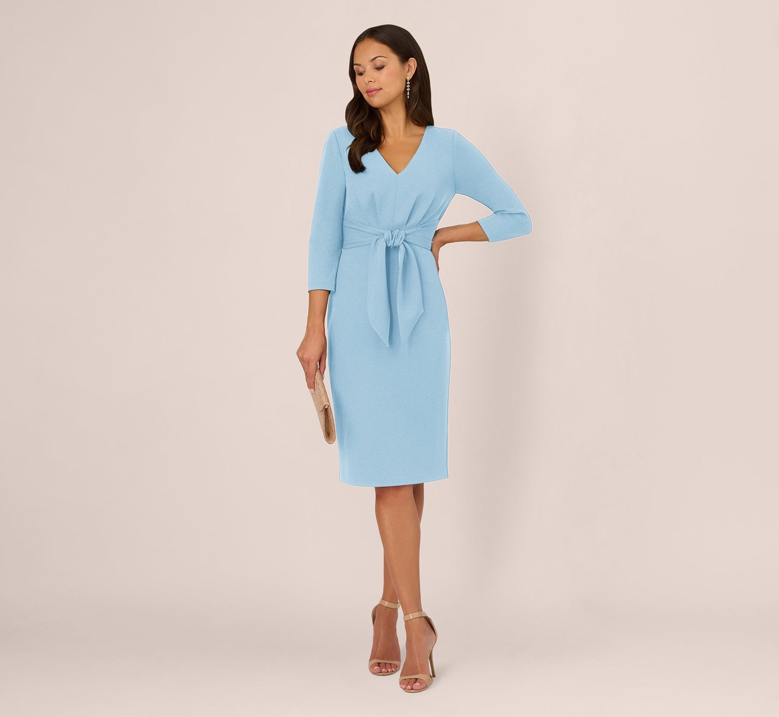Three Quarter Sleeve Pleated Midi Dress With Tie Waist (Blue Mist)