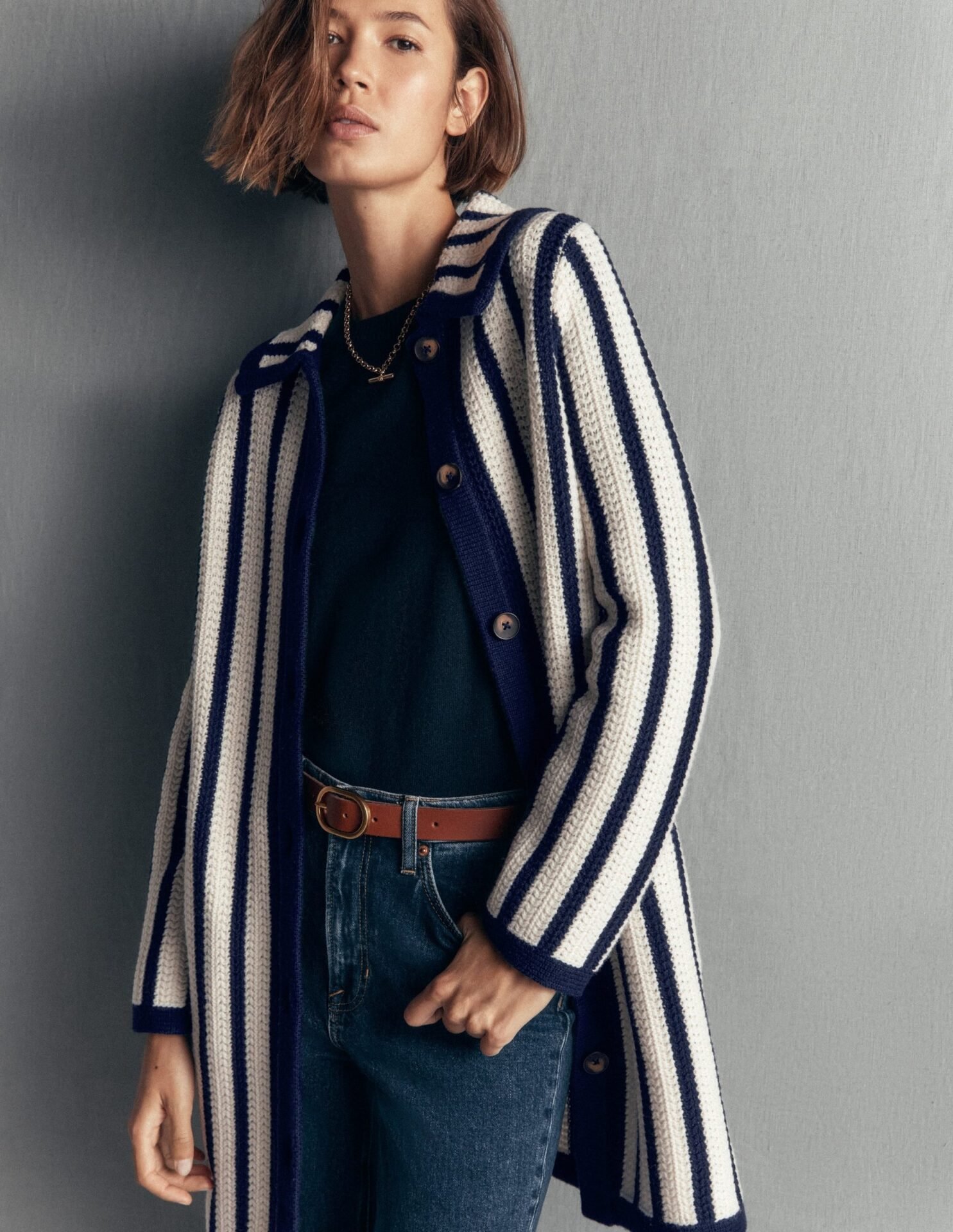 Longline Knitted Coatigan (Ivory, Navy Stripe)