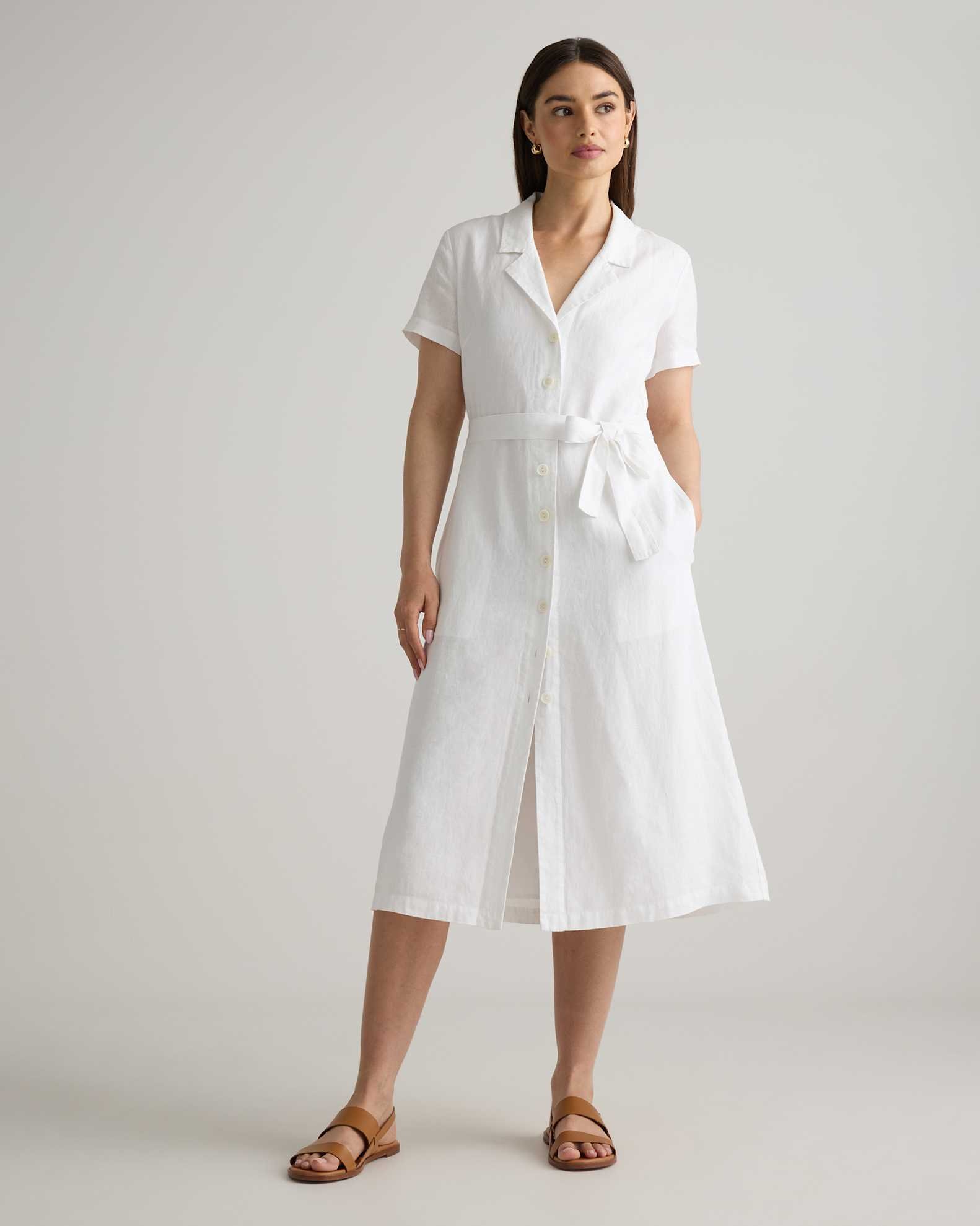 100% European Linen Button Front Dress (White)