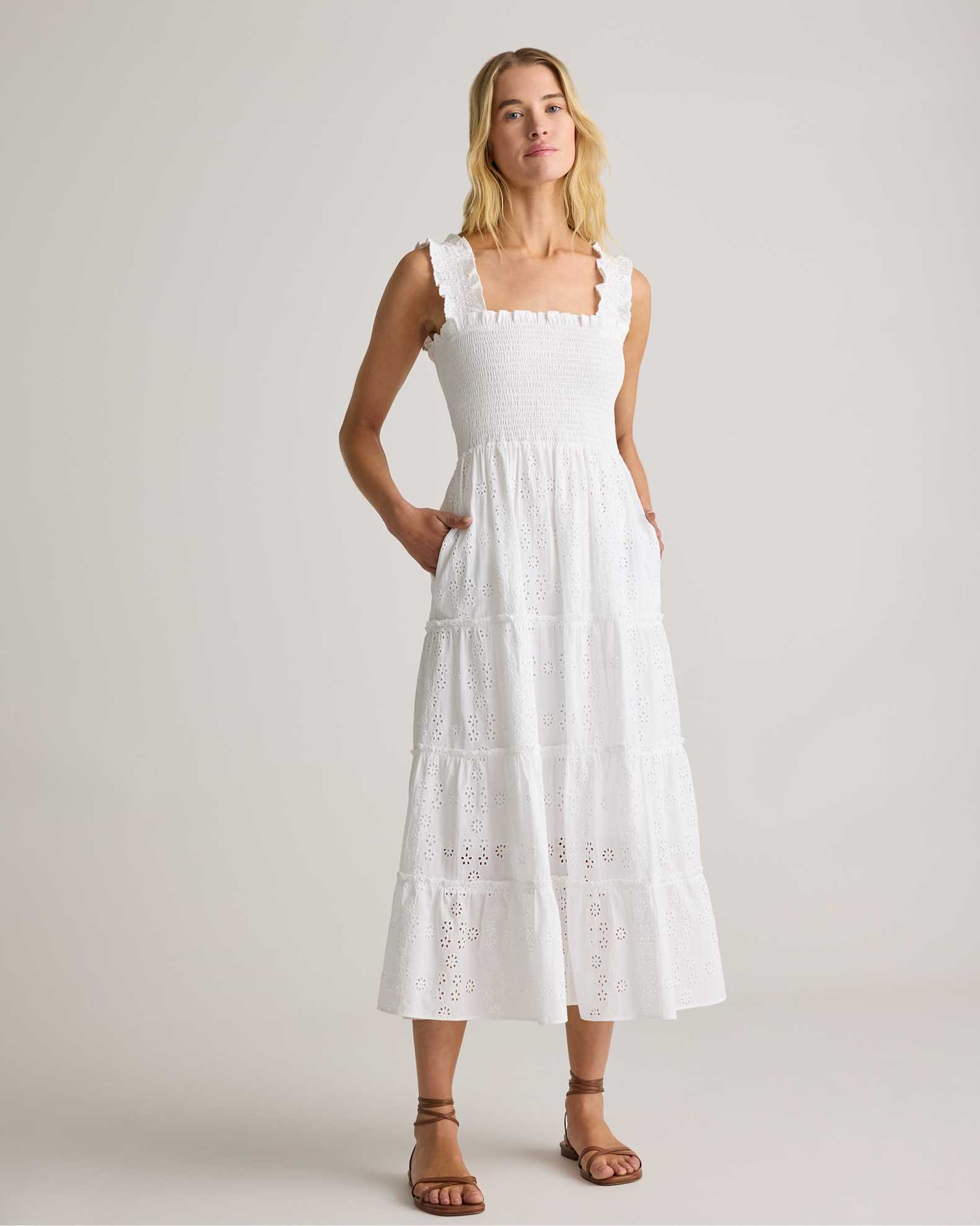100% Organic Cotton Eyelet Smocked Midi Dress (White)