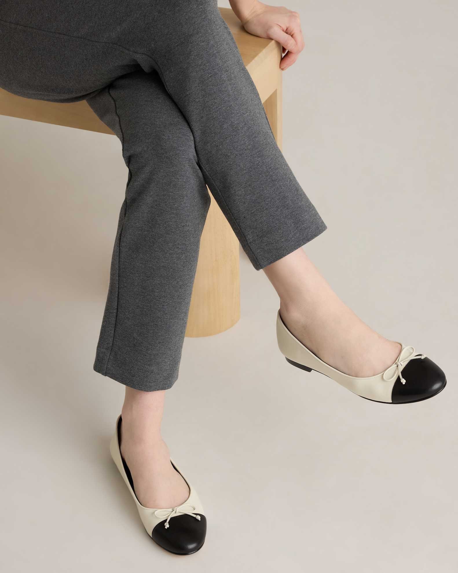 Italian Leather Cap-Toe Ballet Flat (Bone/Black)