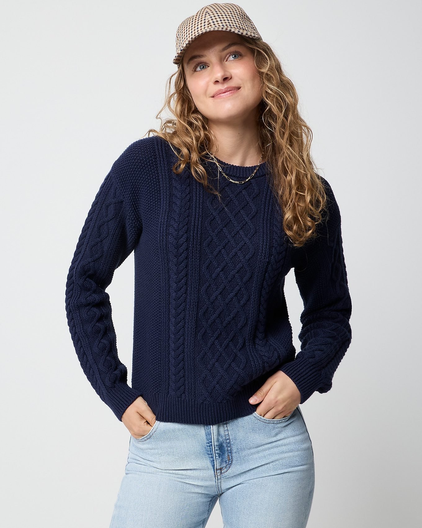 100% Cotton Cable Crewneck Sweater (Navy)