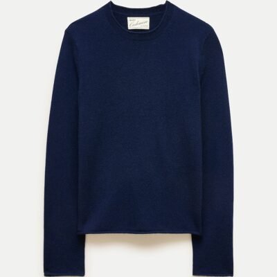 Cashmere Rolled-Hem Crewneck Sweater (Navy)