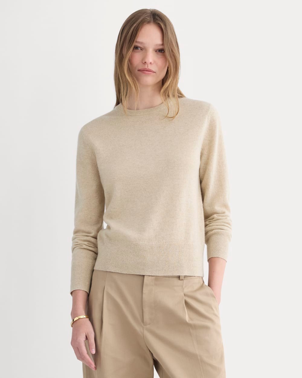 Cashmere Slim Crew Sweater (Heather Light Camel)
