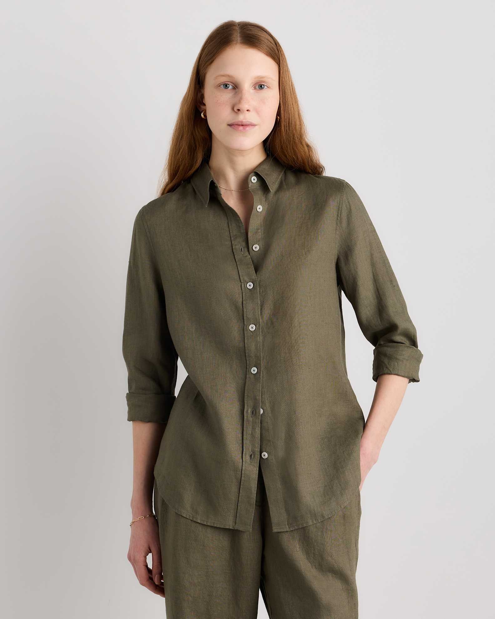 100% European Linen Long Sleeve Shirt (Bayberry Olive)