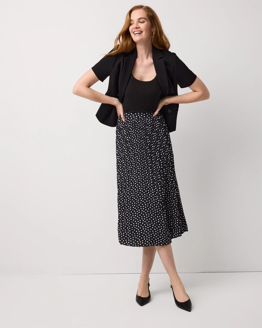 Pleated Crepe Midi Skirt (Millie Dot Black)