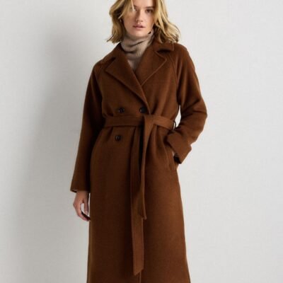 Camel Hair Double-Breasted Long Wrap Coat (Vicuna)