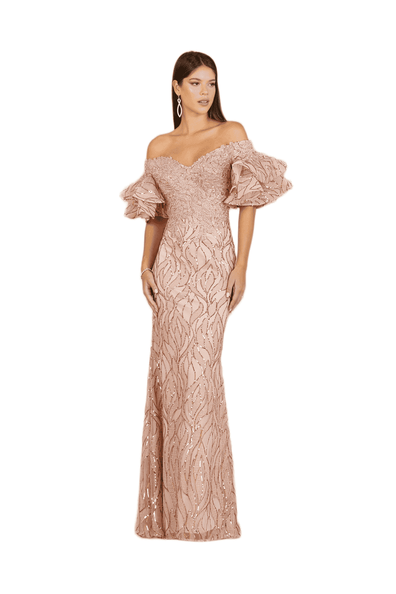 Off Shoulder Mermaid Beaded Gown with Tiered Sleeves (Rose Gold)