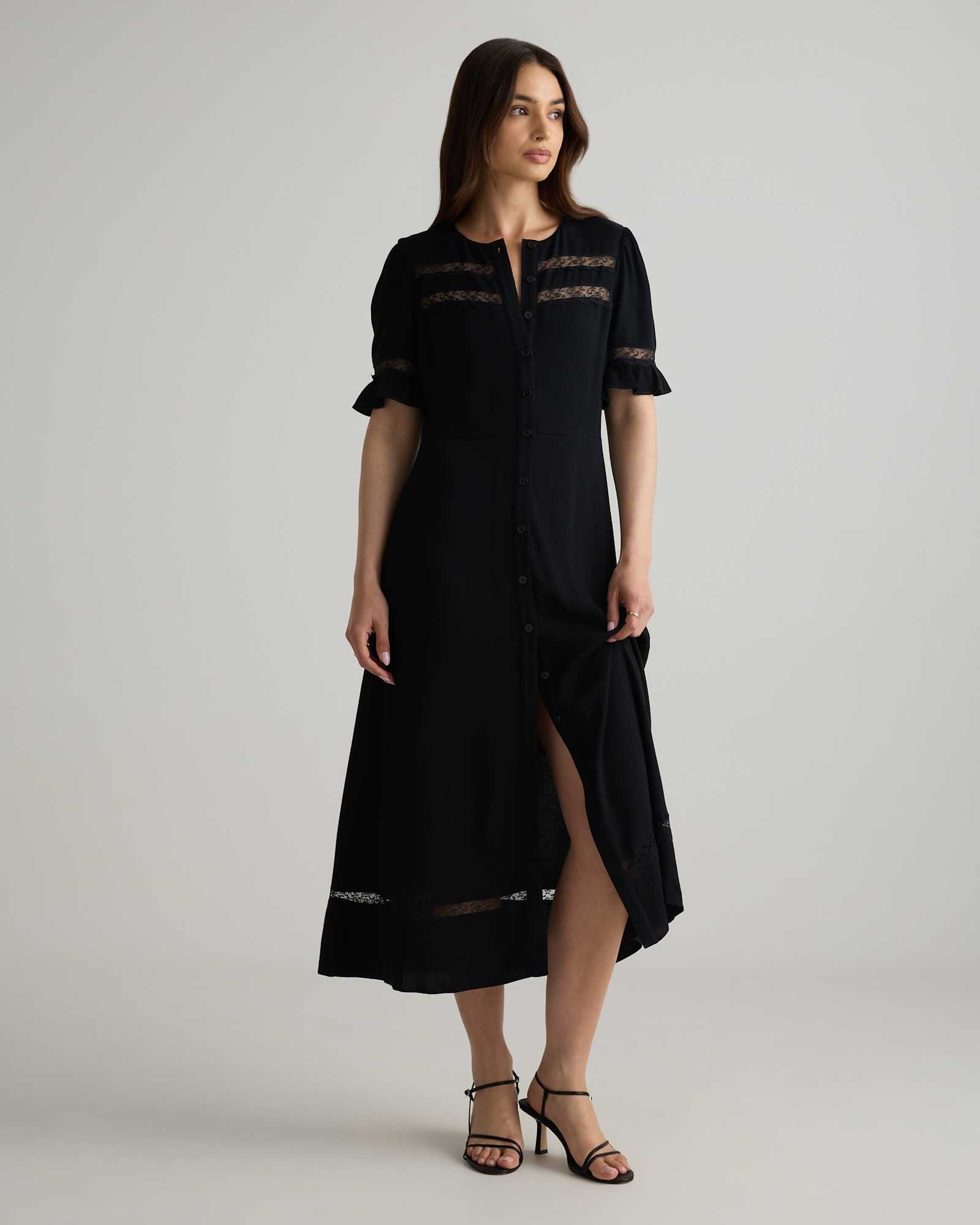 Lightweight Crepe Lace Inset Midi Dress (True Black)