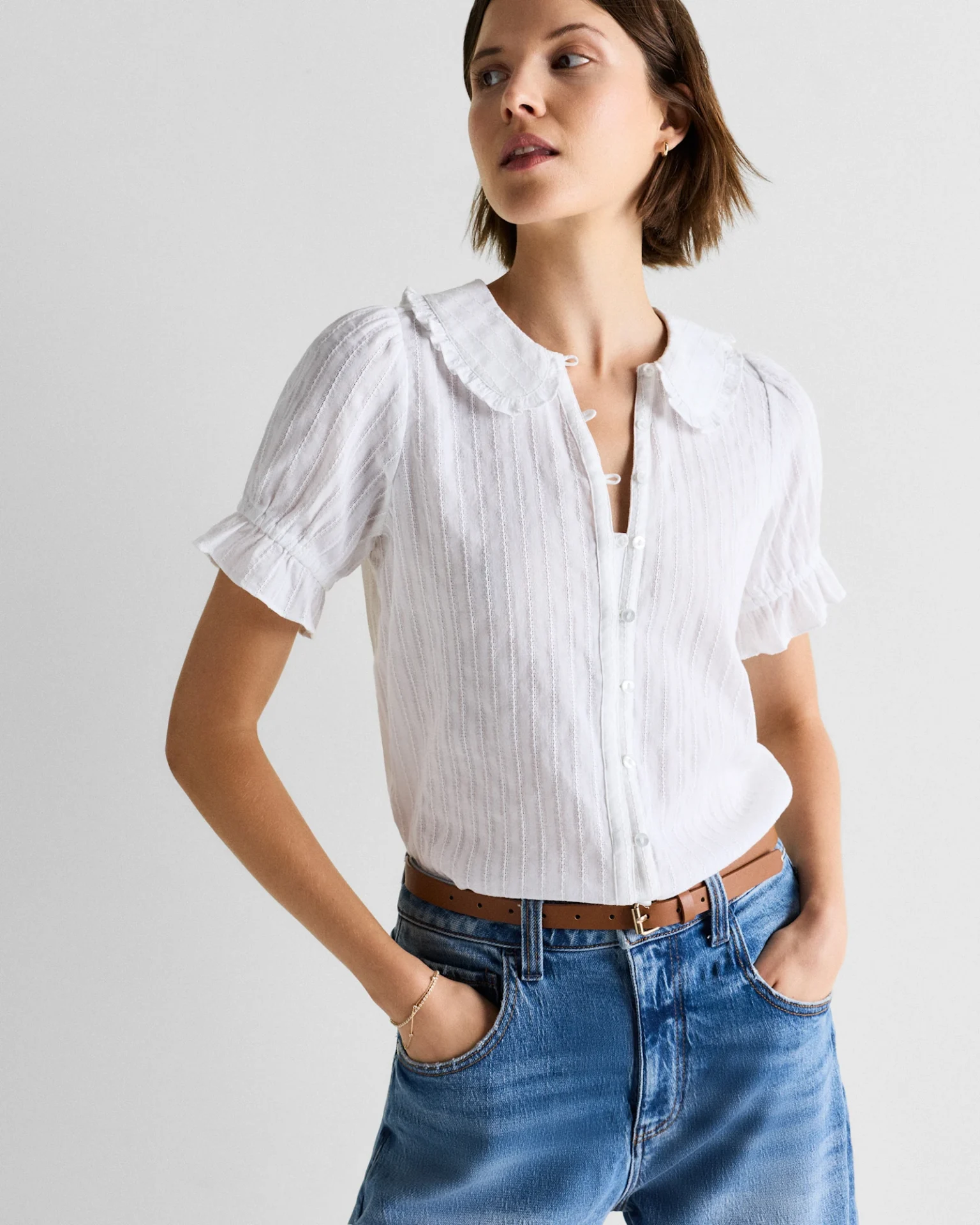 Embroidered Cotton Ruffle Collar Short Sleeve Blouse