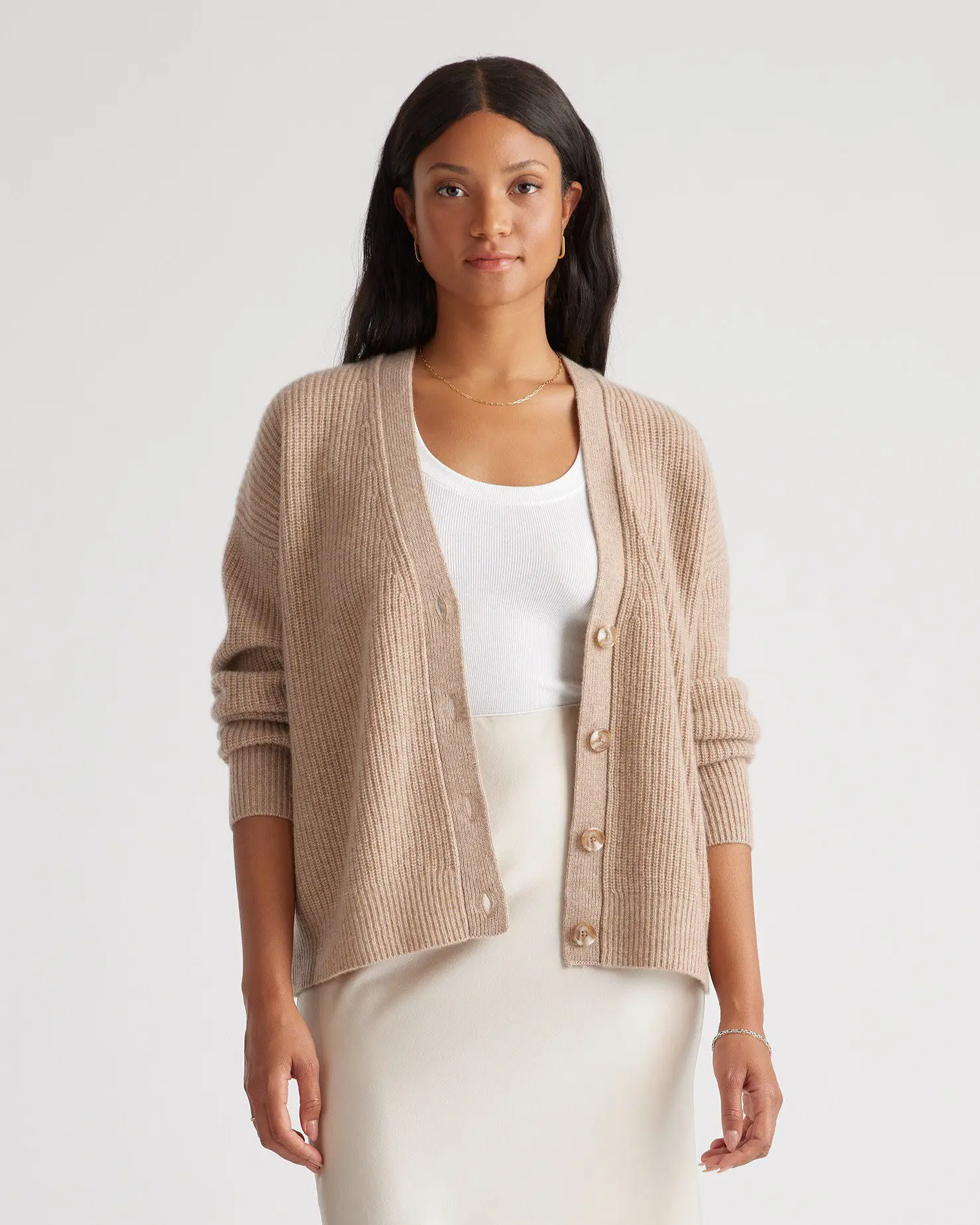 Mongolian Cashmere Fisherman Boxy Cropped Cardigan Sweater (Oatmeal)