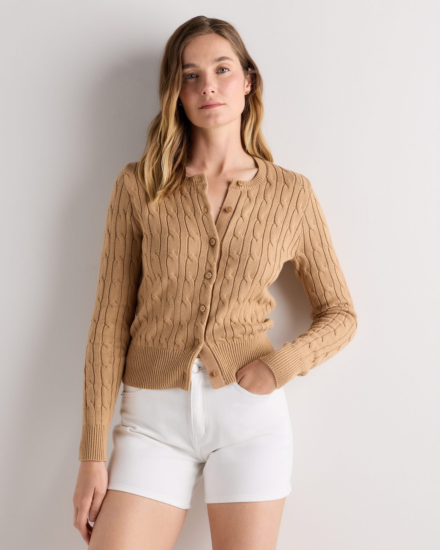 100% Organic Cotton Cable Crew Cardigan (Camel)