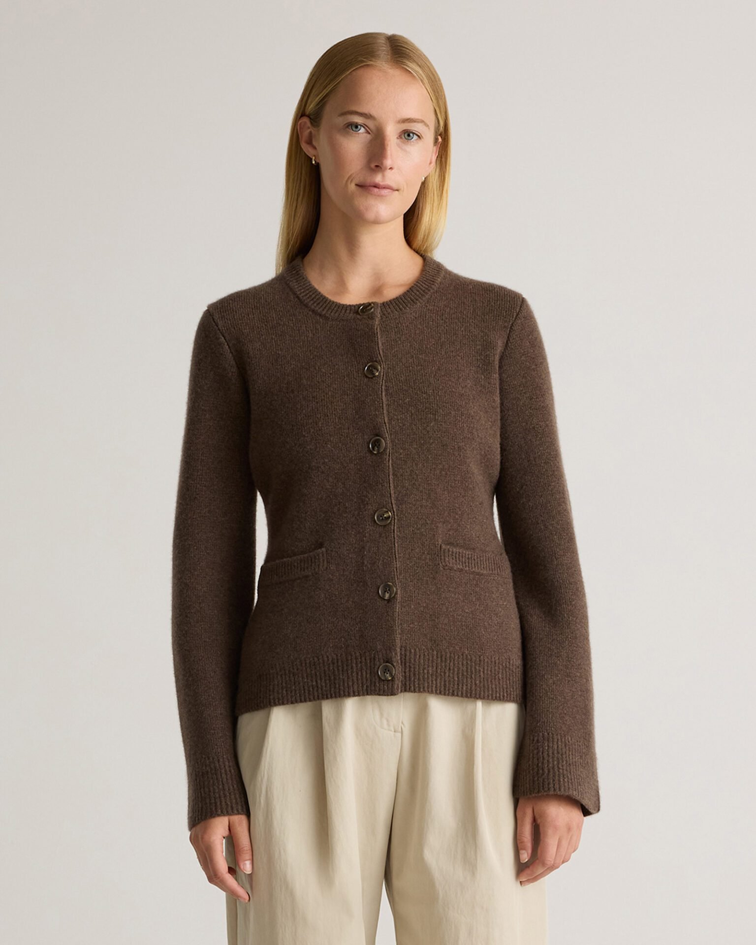 Mongolian Cashmere Structured Cardigan (Heather Truffle Brown)