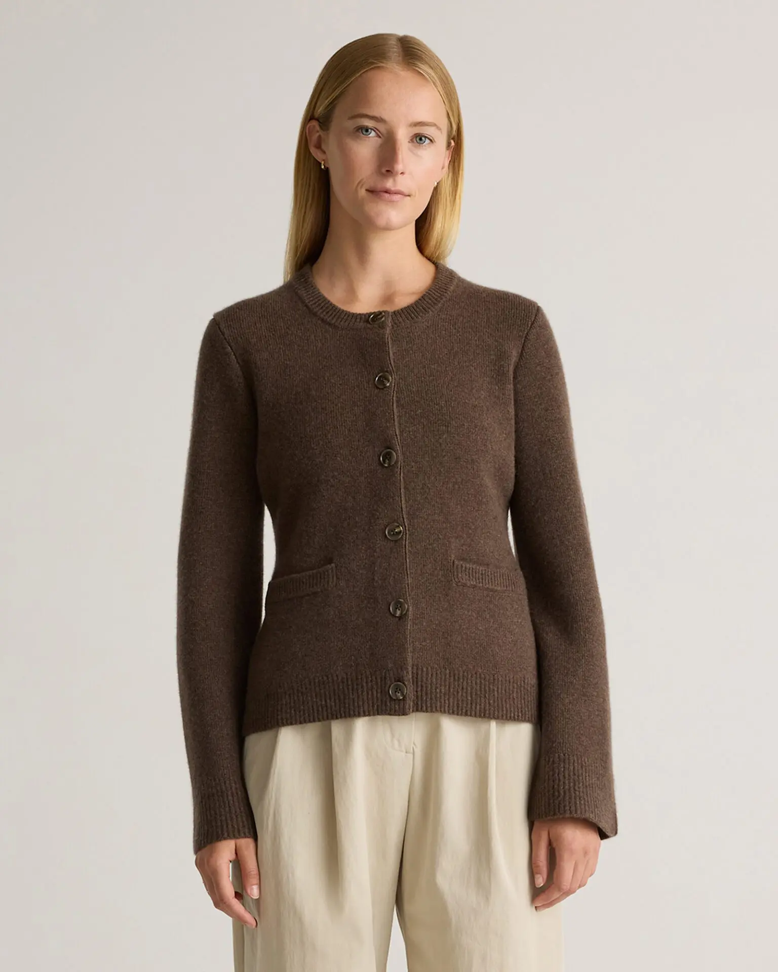 Mongolian Cashmere Structured Cardigan (Heather Truffle Brown)