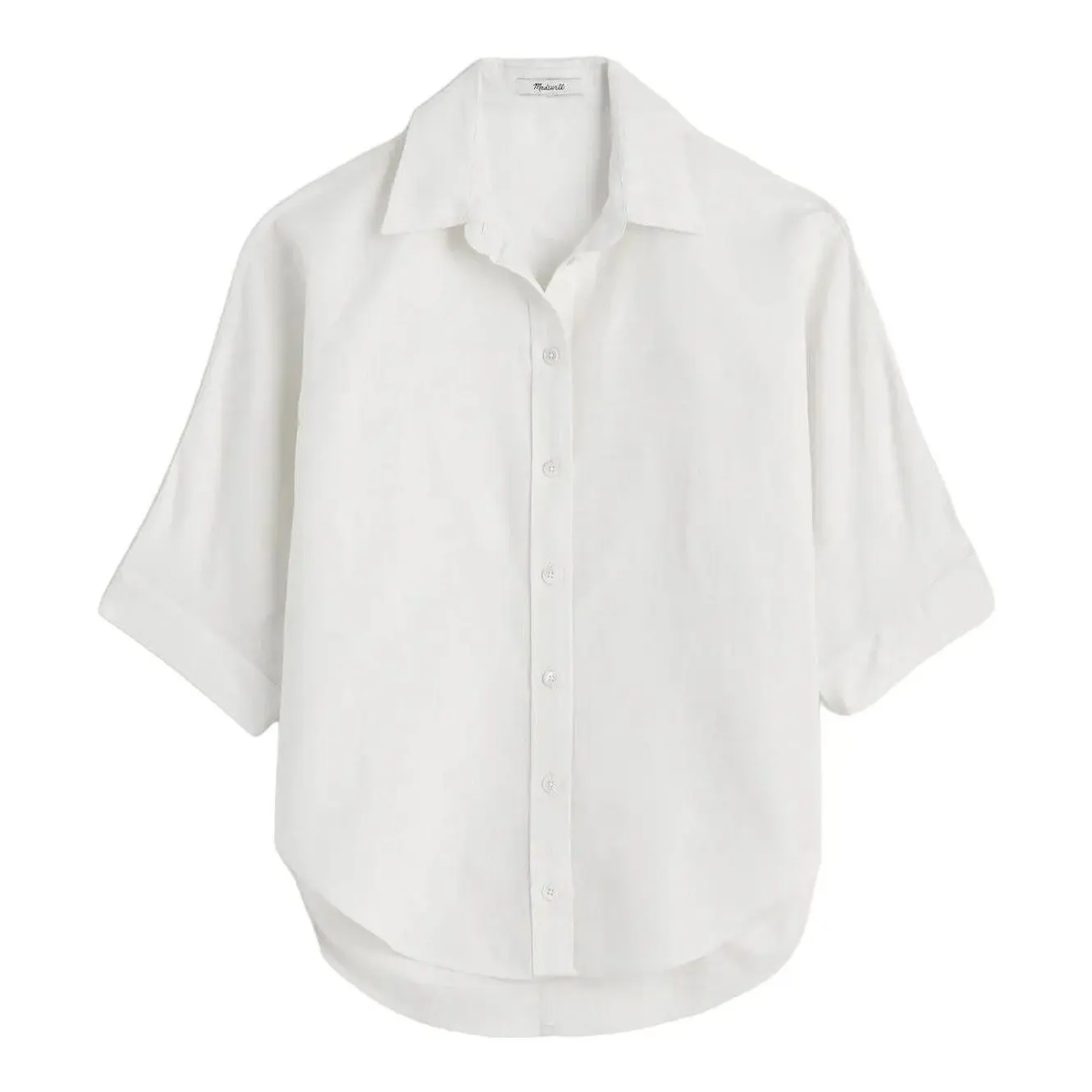 Relaxed Pleat-Sleeve Button-Up Shirt in Cotton-Linen Blend (Ivory Linen)