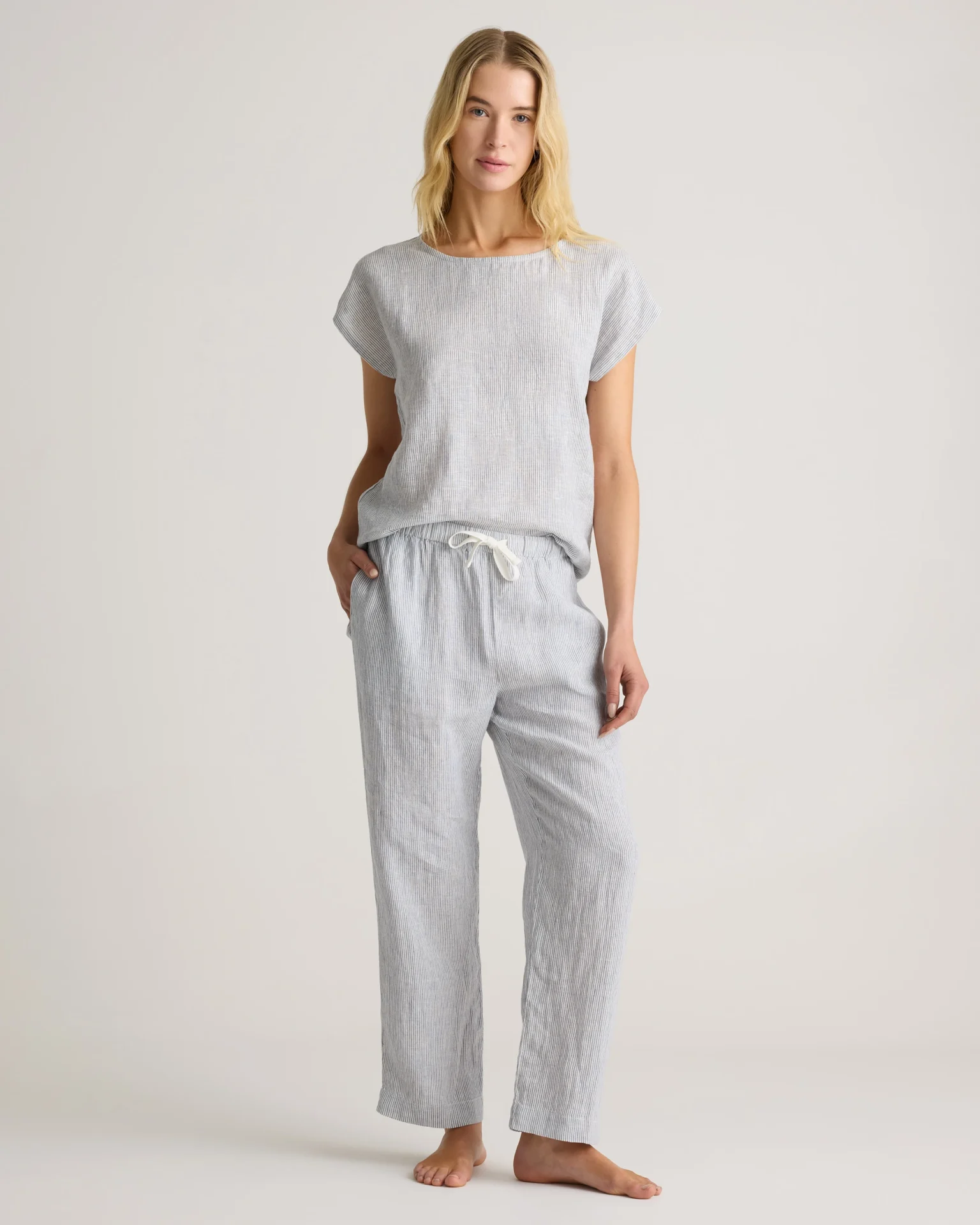 100% European Linen Pajama Set (Blue Pinstripe)