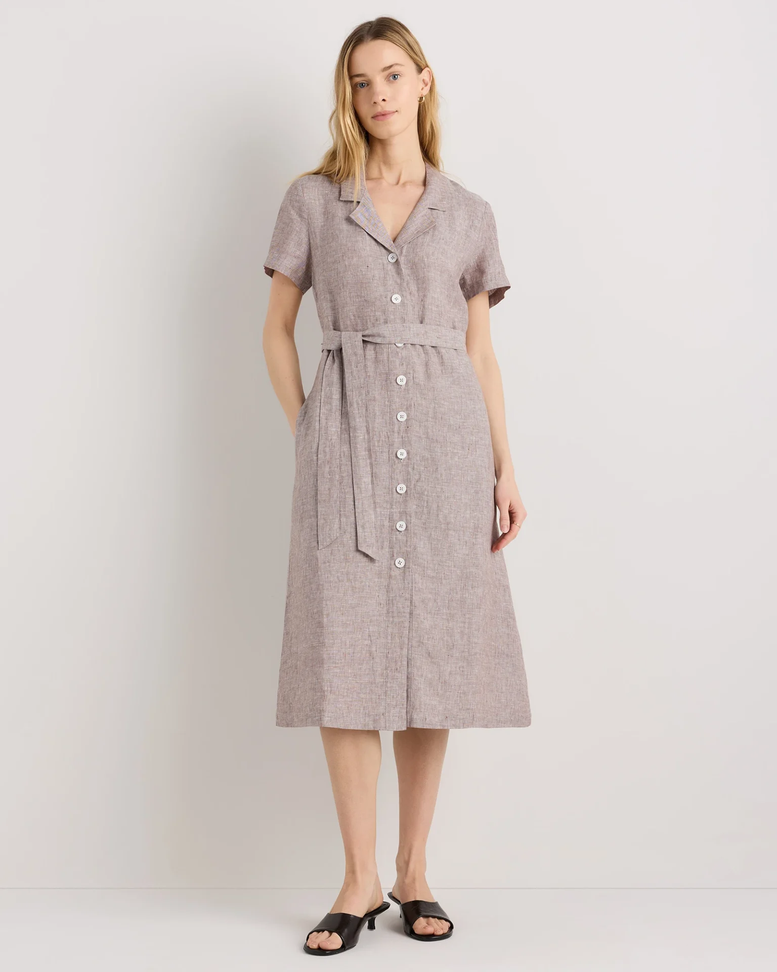 100% European Linen Button Front Dress (Taupe Brown Chambray)