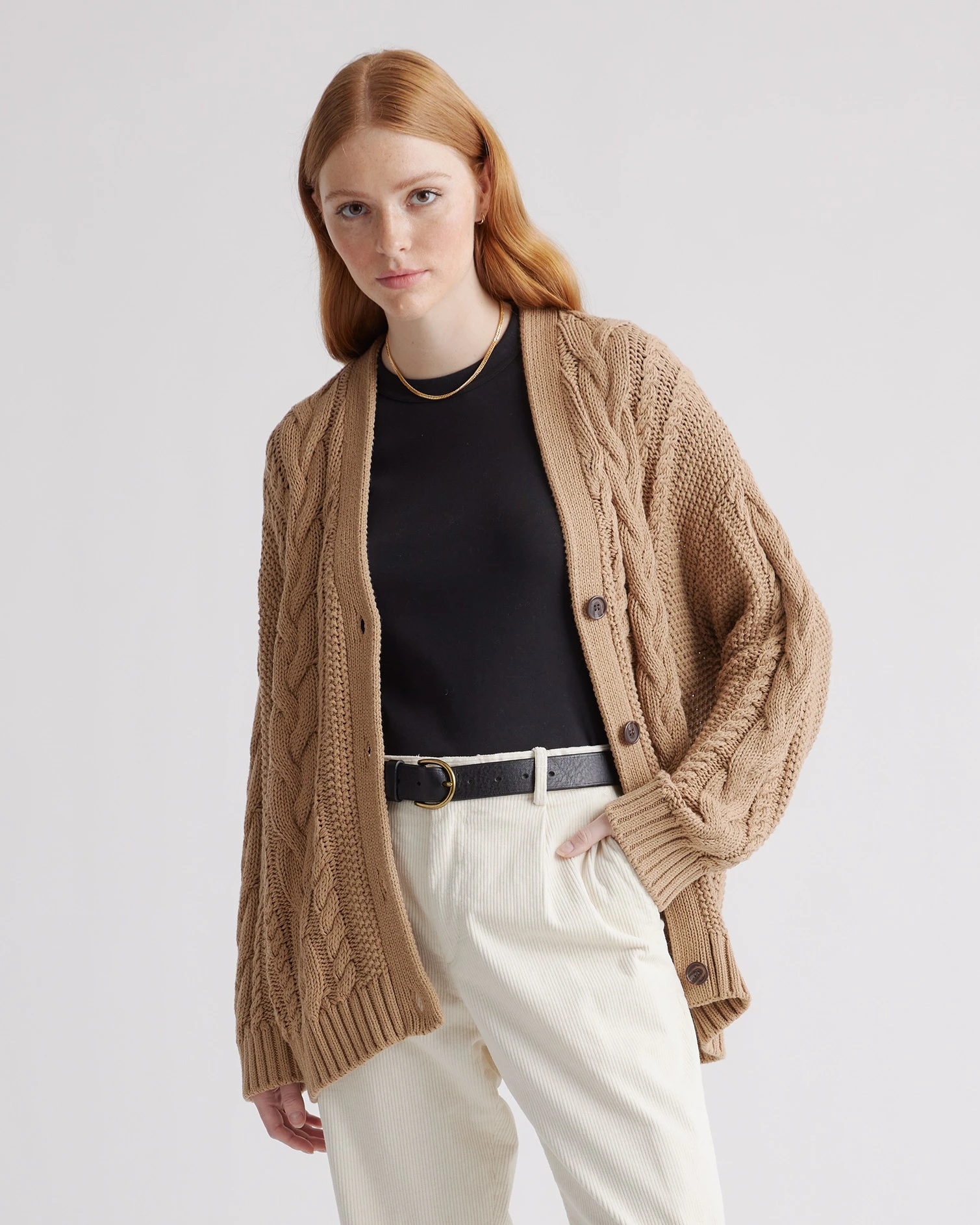 100% Organic Cotton Oversized Cable Cardigan (Camel)