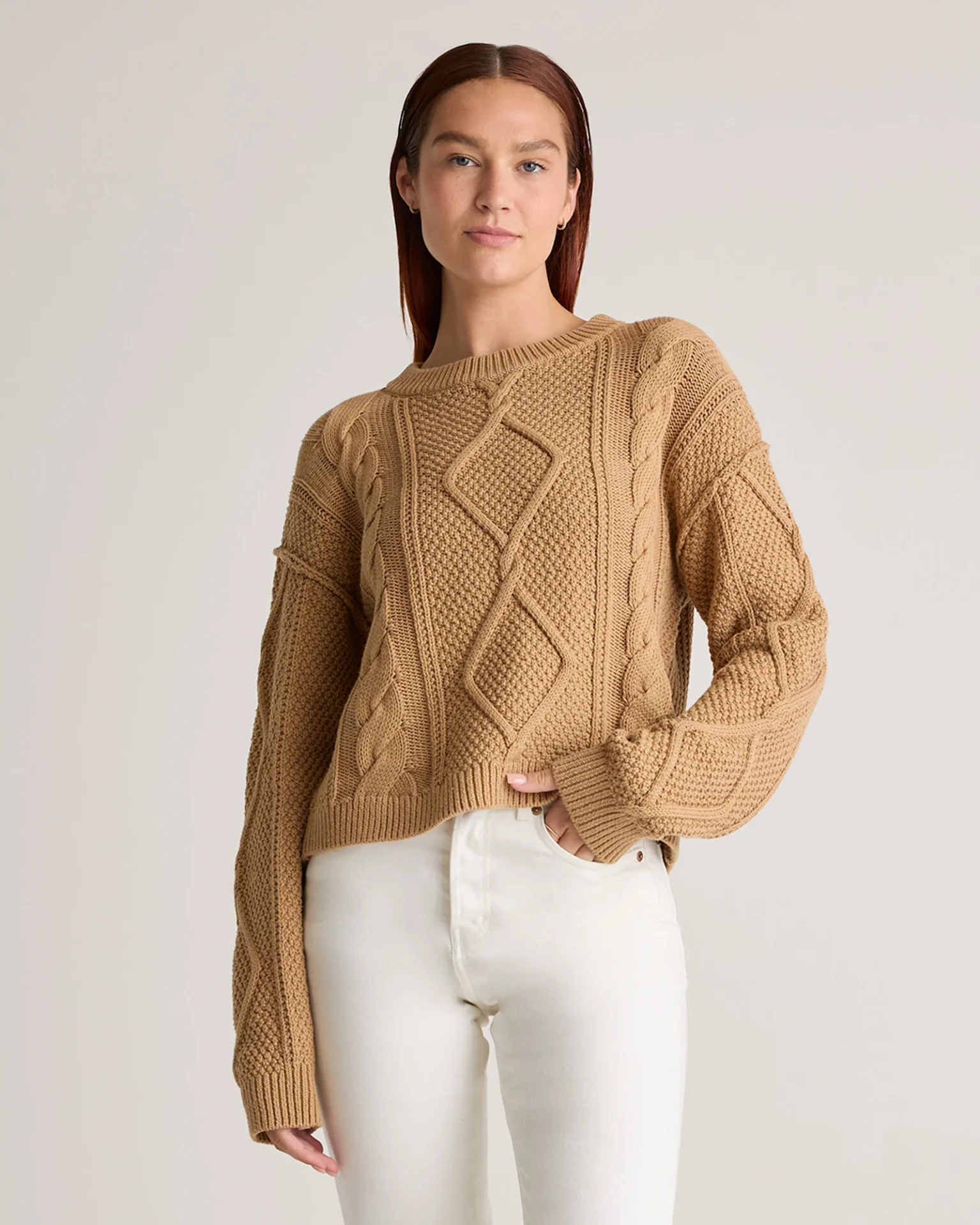 100% Organic Cotton Cropped Cable Crew Sweater (Camel)