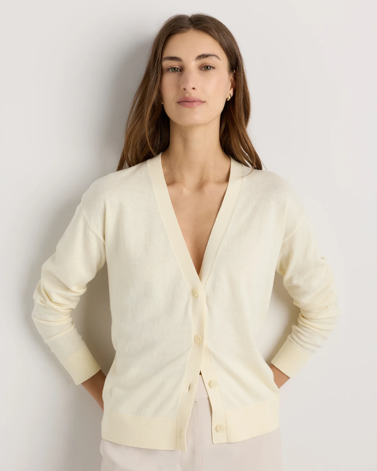 Lightweight Cotton Cashmere Cardigan (Pale Custard Yellow)