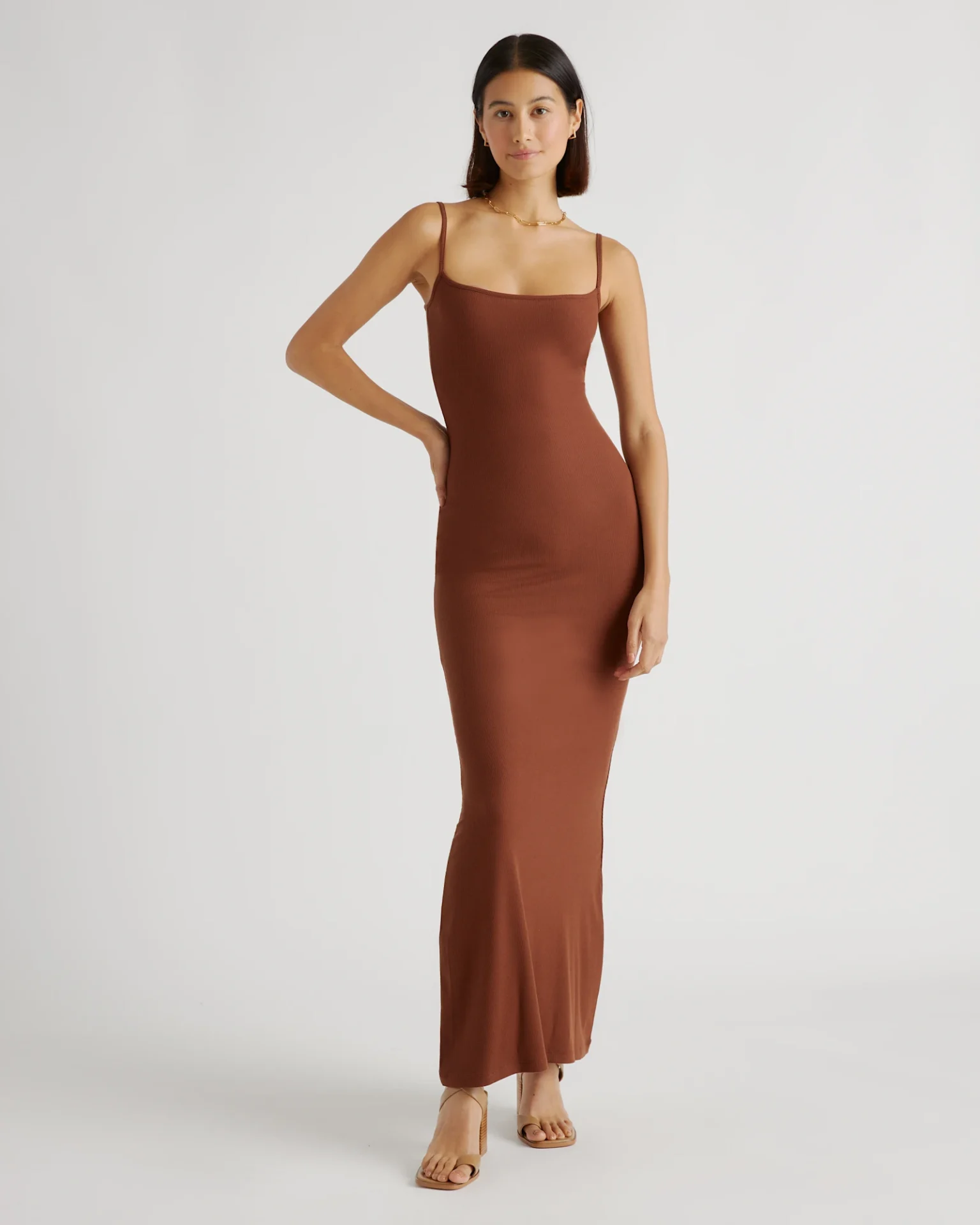 Tencel Rib Knit Maxi Slip Dress (Brown)