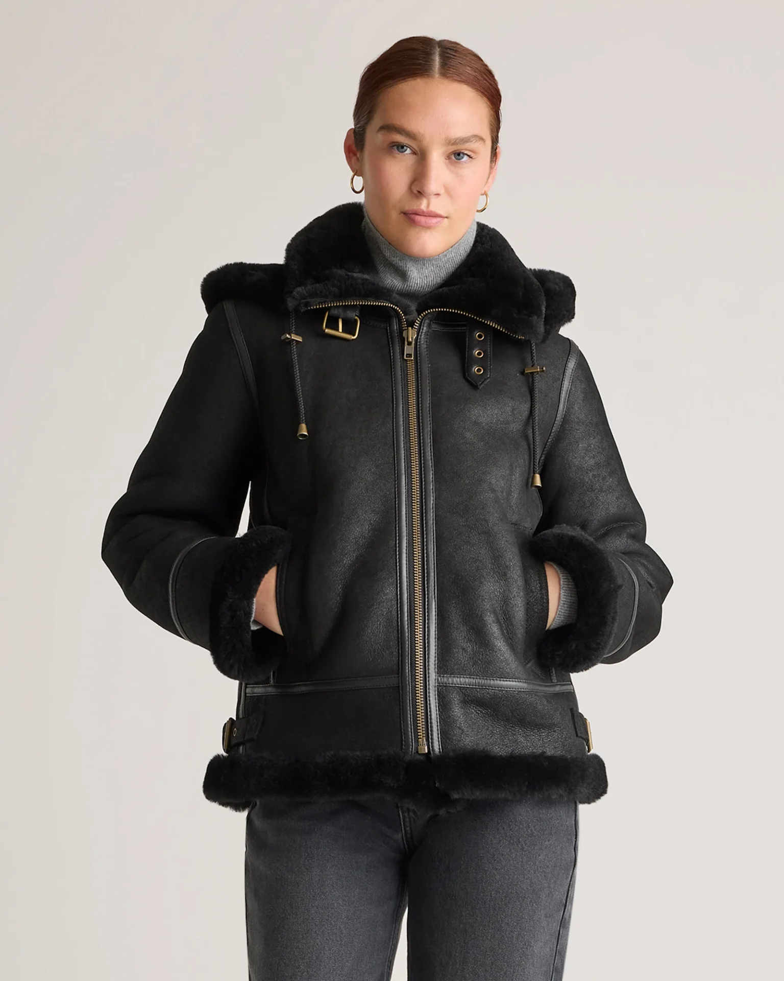100% Shearling Cold Weather Bomber Jacket (Black)