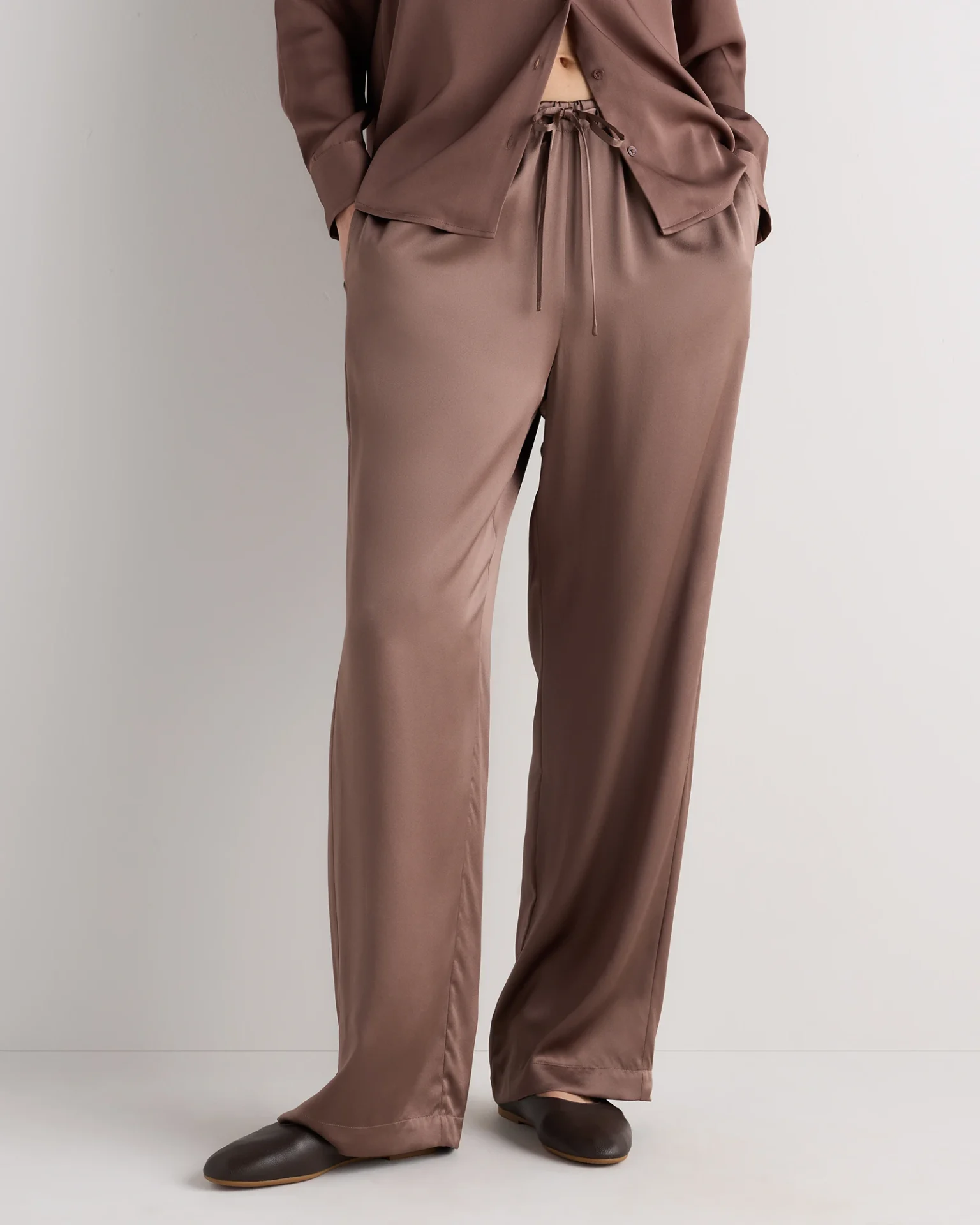 100% Washable Silk Drawstring Wide Leg Pants (Mink Taupe)