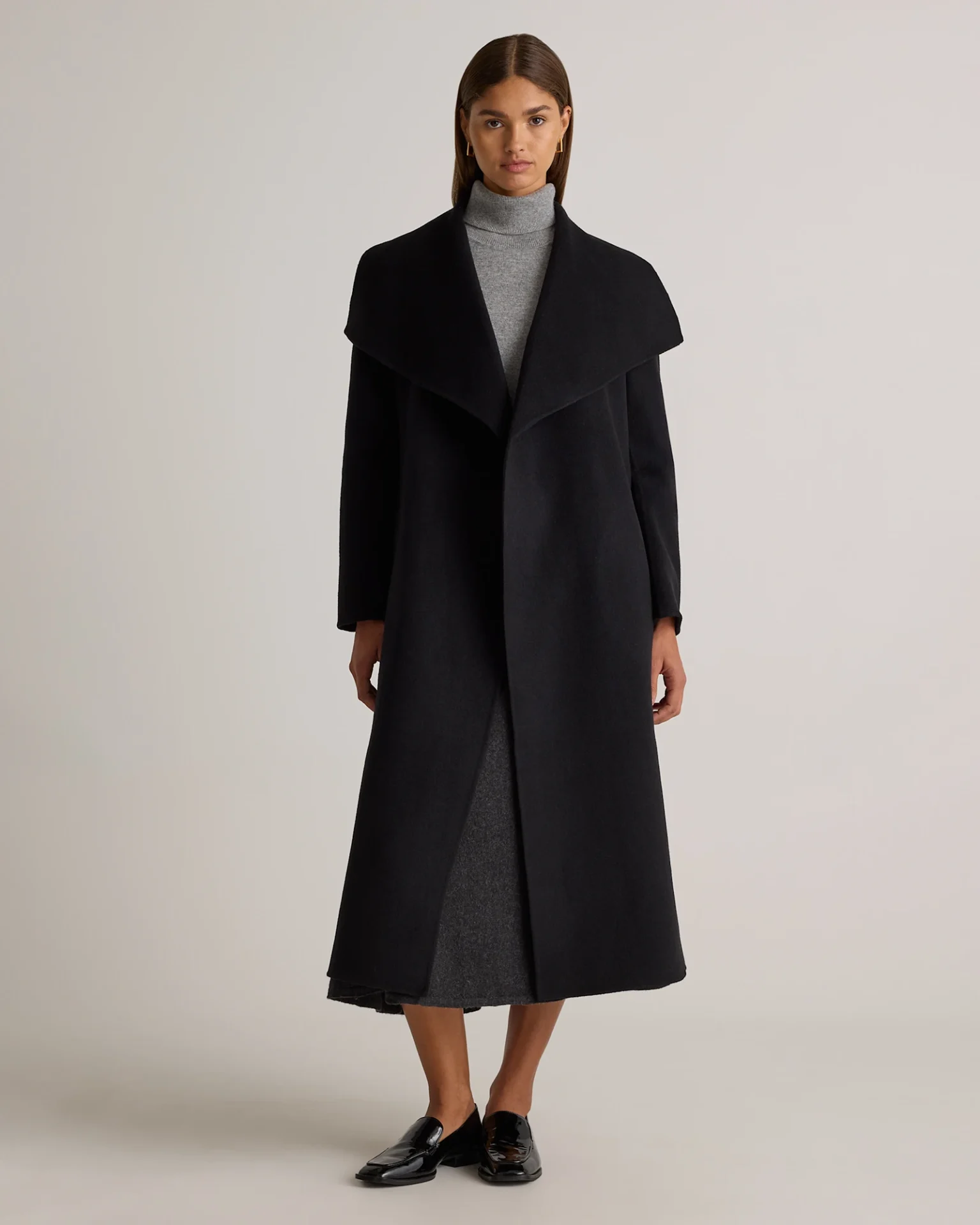 Double-Faced Merino Wool Draped Collar Wrap Coat (Black)