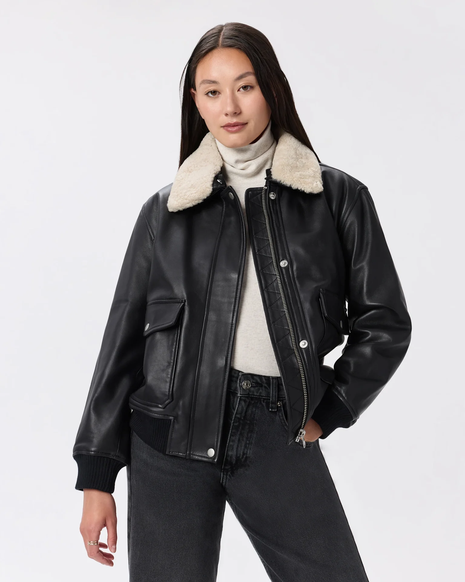 100% Leather Shearling Trim Aviator Jacket (True Black)
