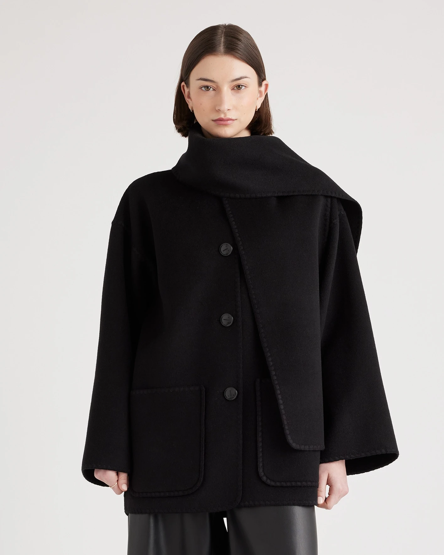 Double-Faced Merino Wool Scarf Coat (Black)