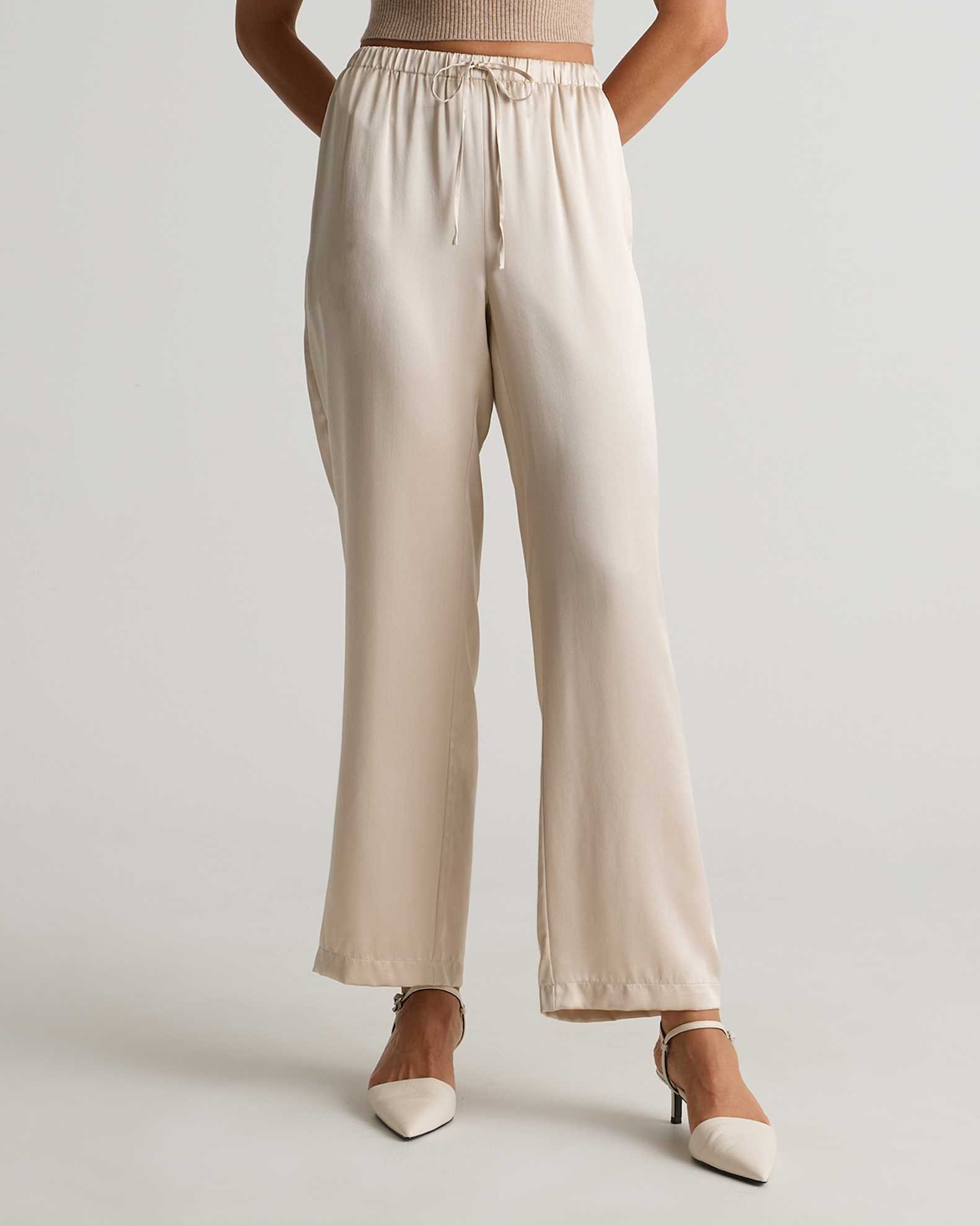 100% Washable Silk Drawstring Wide Leg Pants (Champagne)