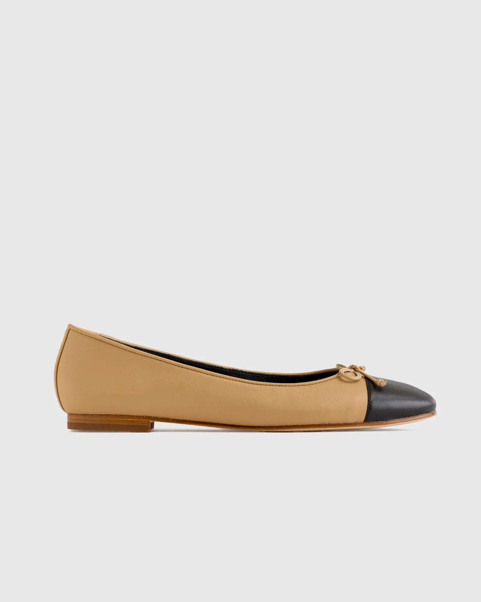 Italian Leather Cap-Toe Ballet Flat (Cashew/Black)