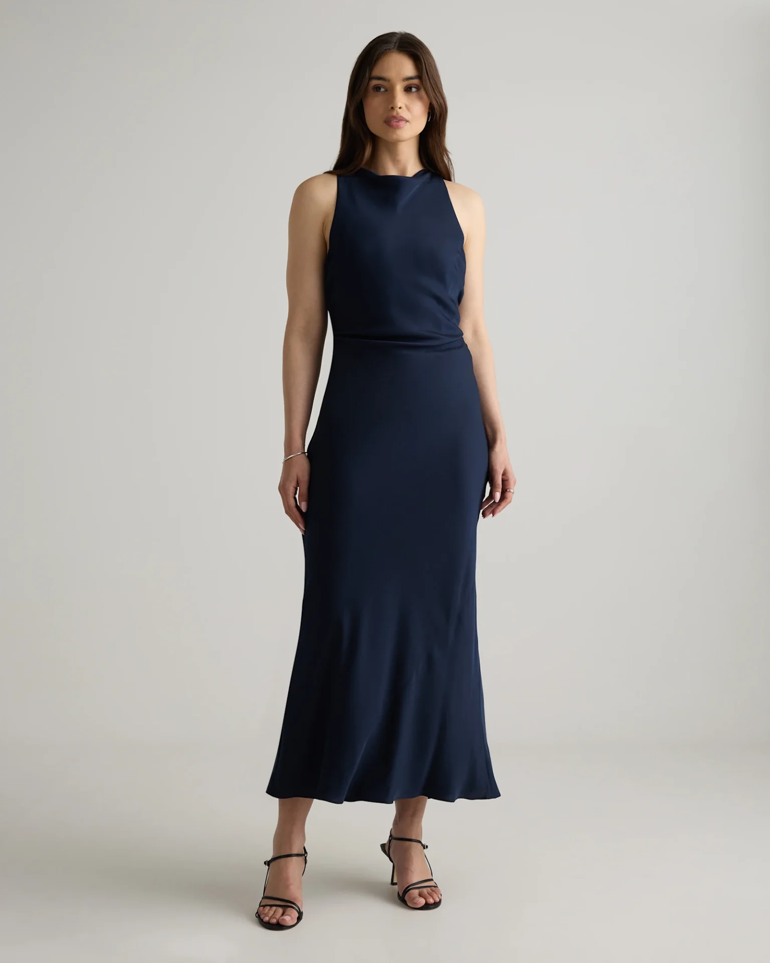 Washable Stretch Silk High Neck Midi Dress (Navy)