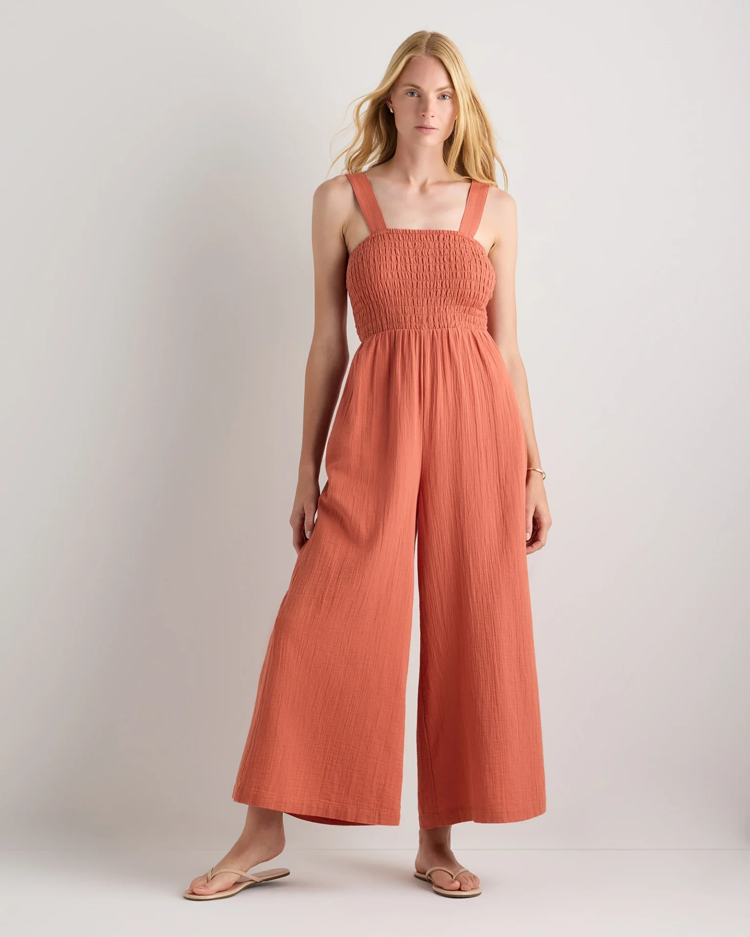 100% Organic Cotton Gauze Smocked Wide Leg Jumpsuit