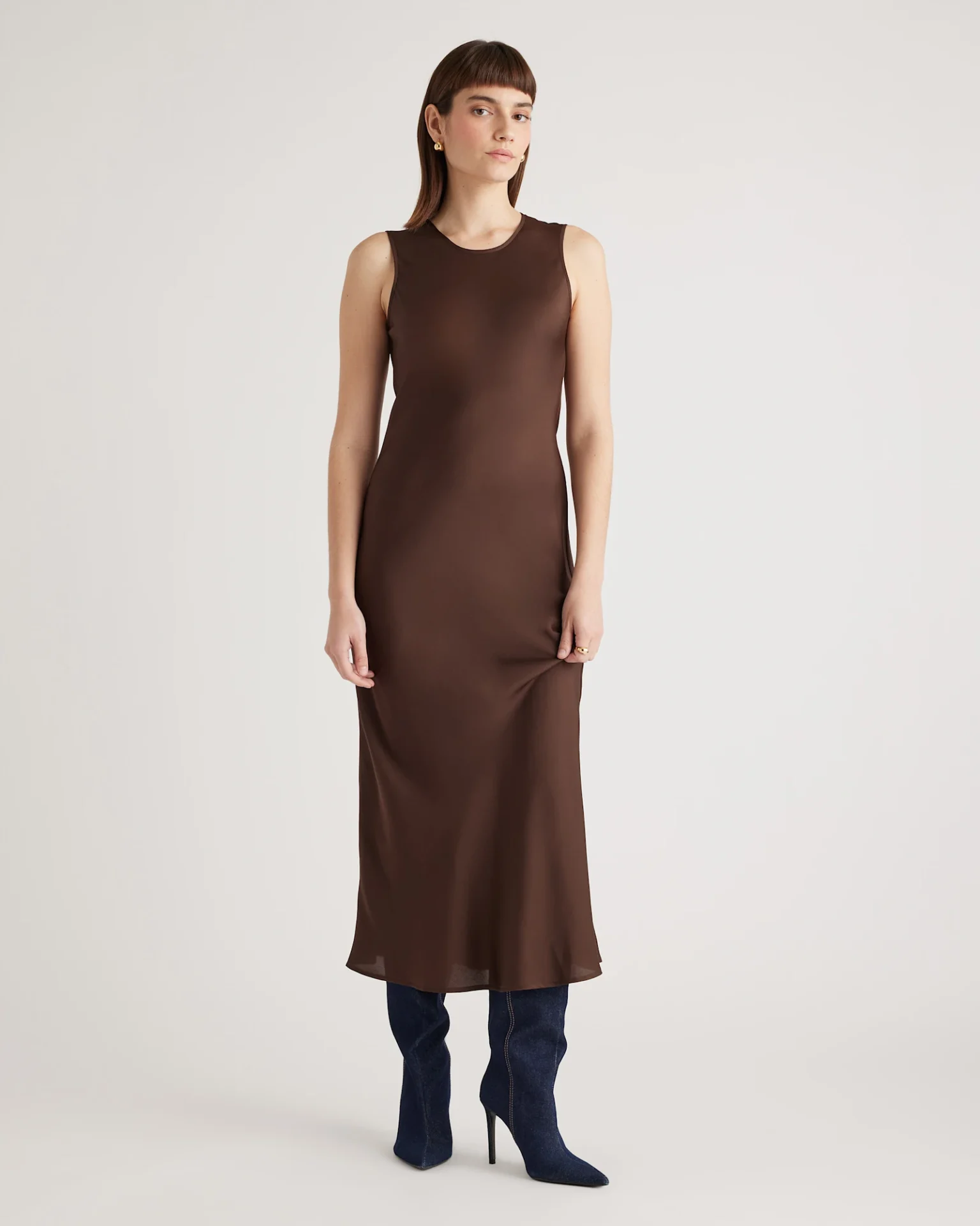 Washable Stretch Silk Tank Midi Dress (Hot Fudge)