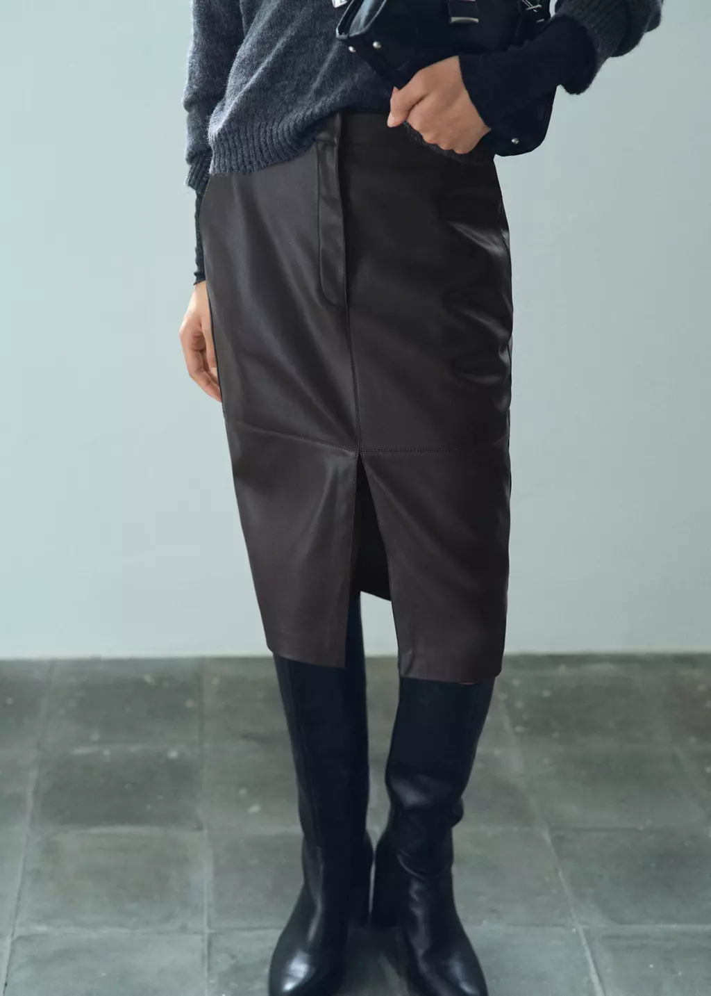 Faux-Leather Pencil Skirt (Chocolate)