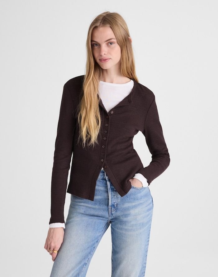 Waffle-Knit Cutaway Crewneck Cardigan (Molasses)