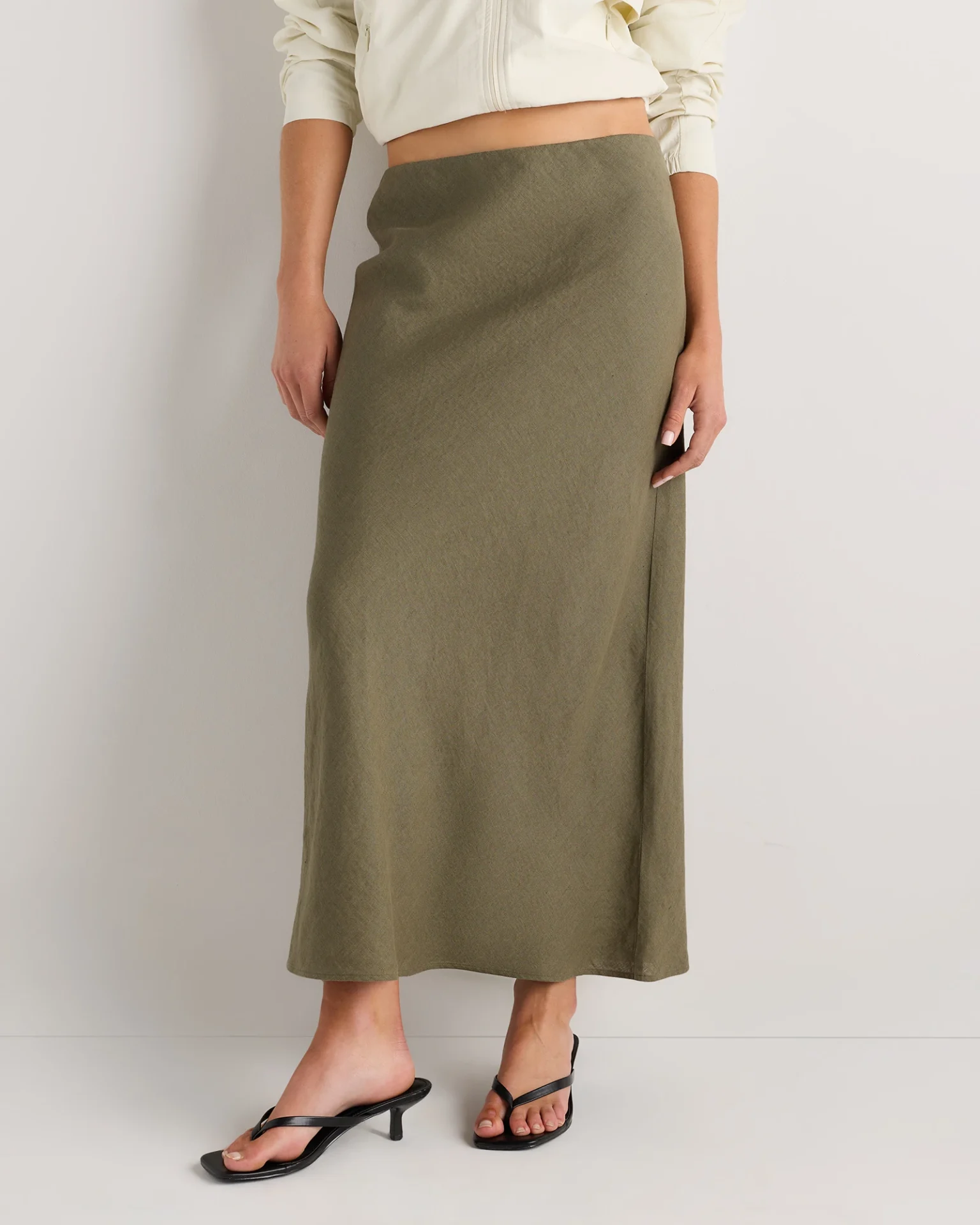 100% European Linen Midi Slip Skirt (Bayberry Olive)