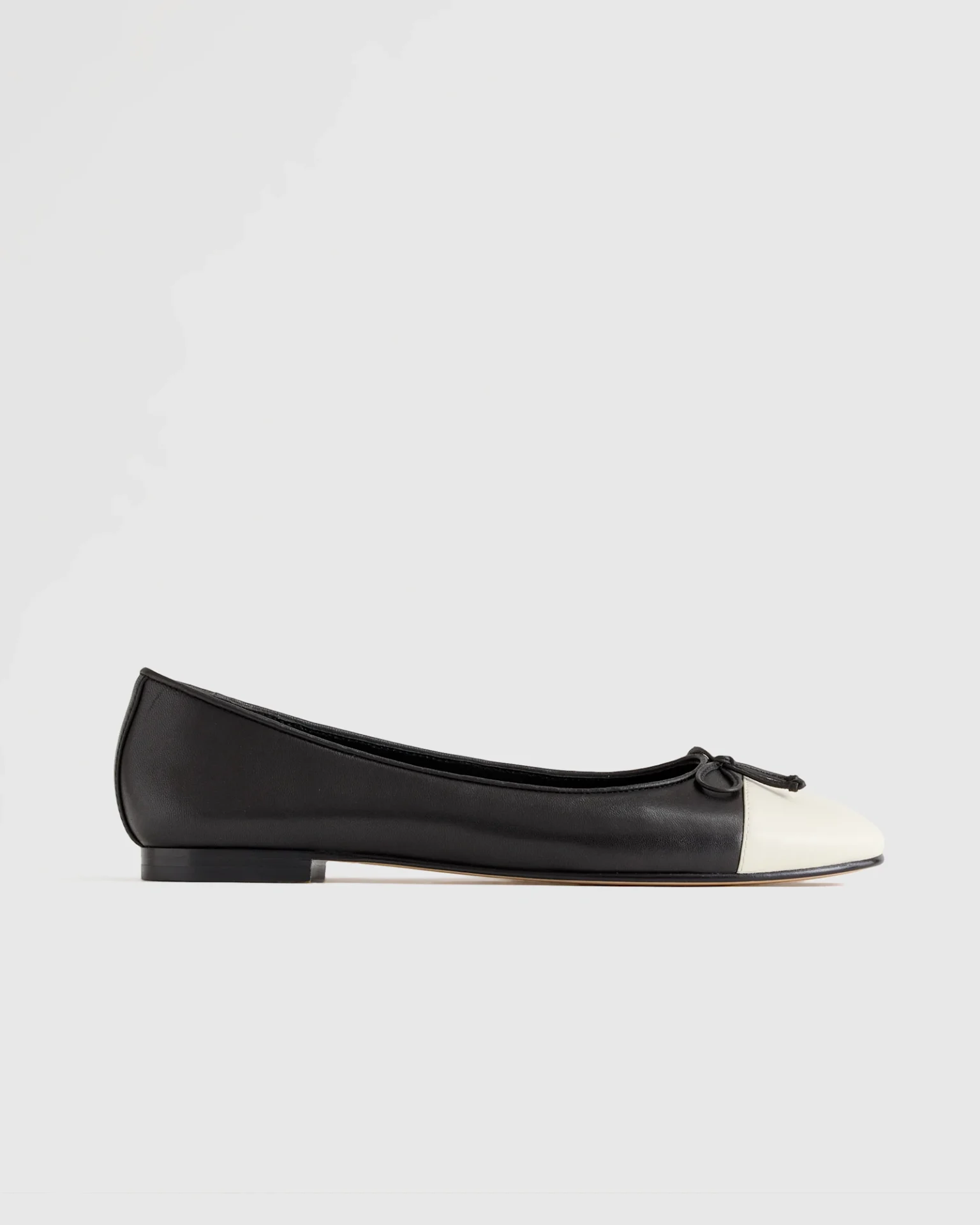 Italian Leather Cap-Toe Ballet Flat (Black/Bone)