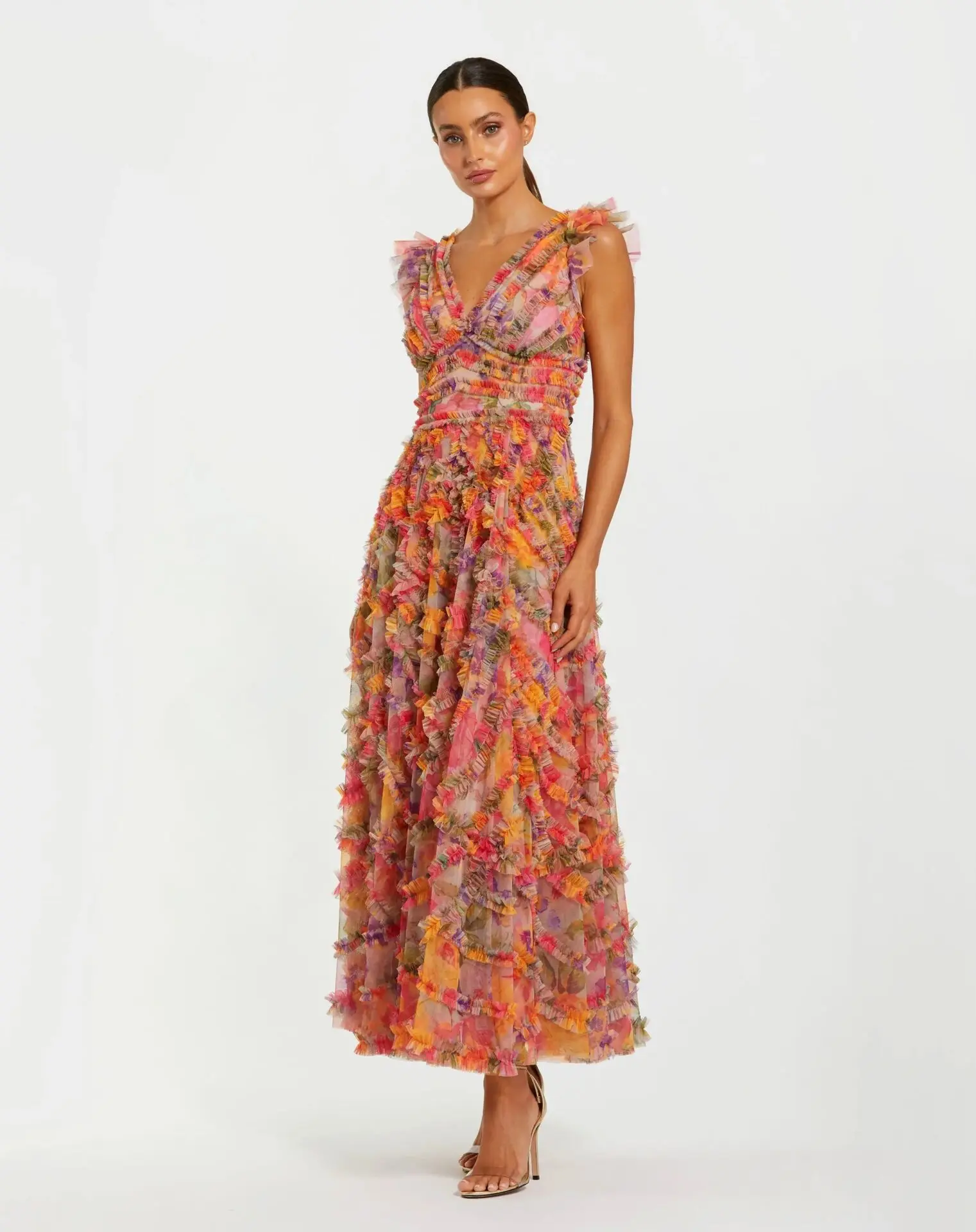 Multicolor Floral V-Neck Ruffle Maxi Dress