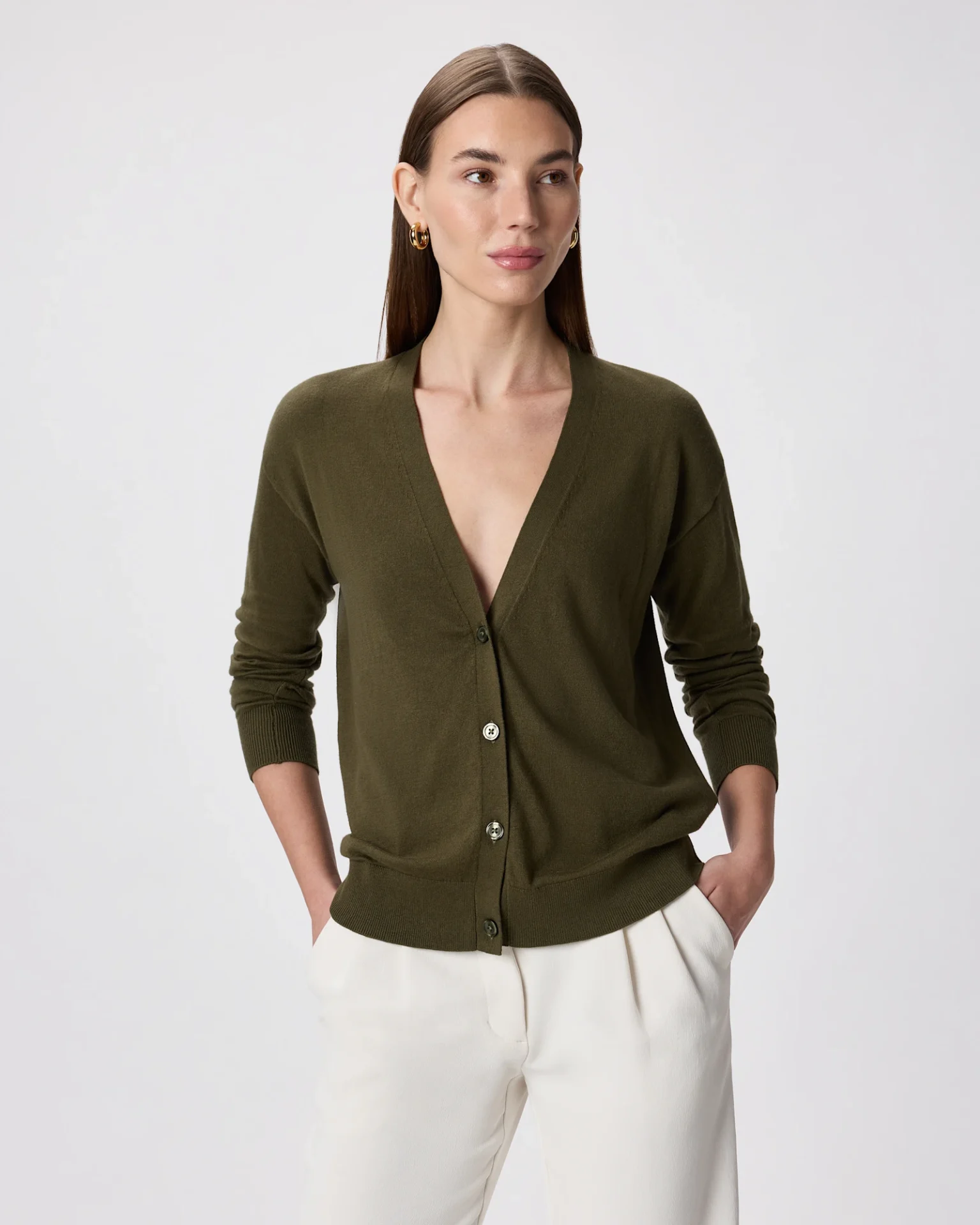 Lightweight Cotton Cashmere Cardigan (Olive)