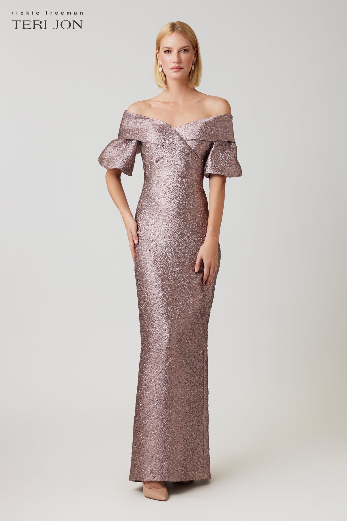 Metallic Jacquard Off Shoulder Puff Sleeve Gown (Dusty Rose)