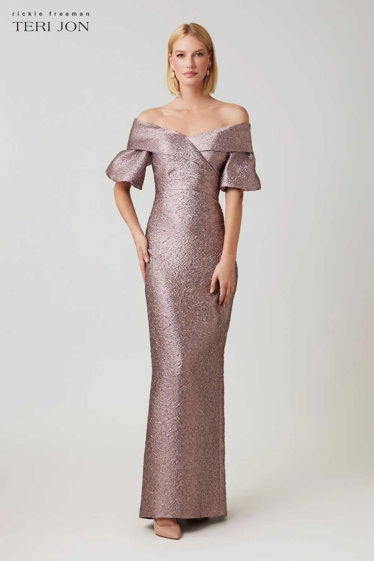 Metallic Jacquard Off Shoulder Puff Sleeve Gown (Dusty Rose)