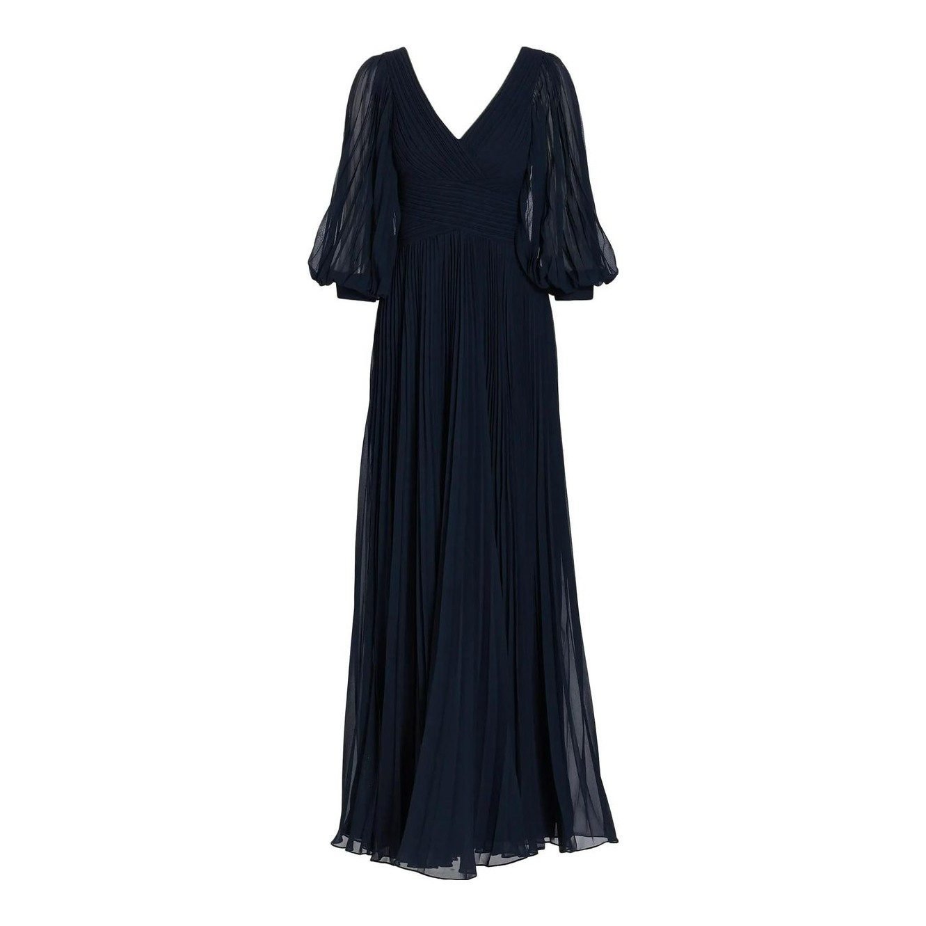 Chiffon Puff-Sleeve Pleated V-Neck Gown (Navy)