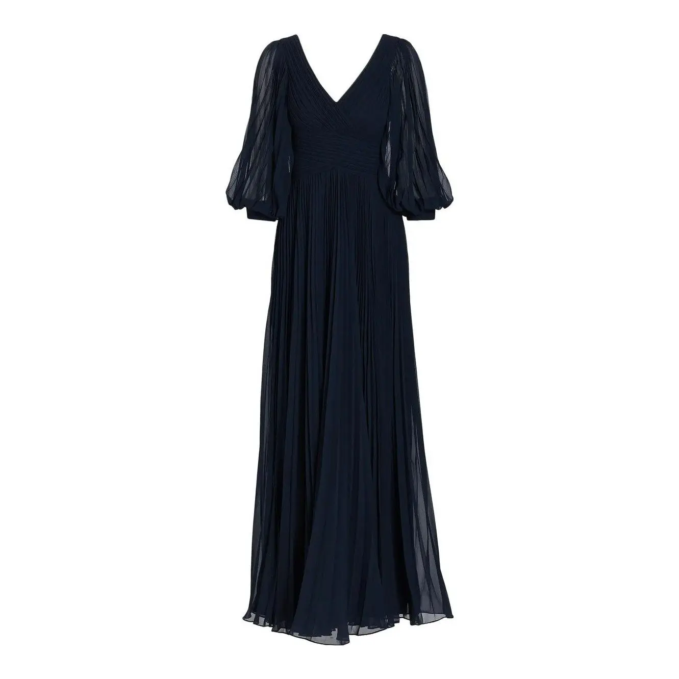 Chiffon Puff-Sleeve Pleated V-Neck Gown (Navy)