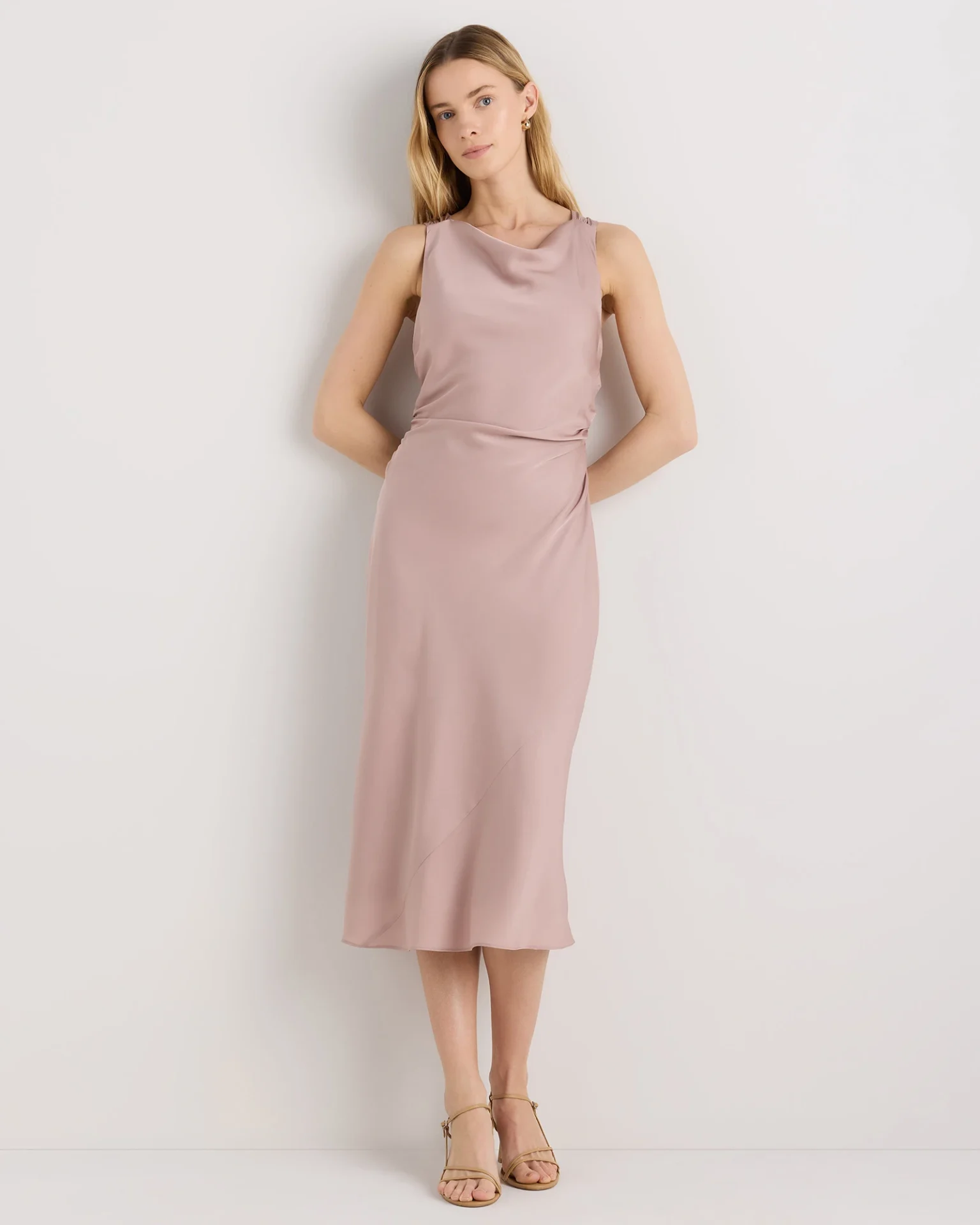 Washable Stretch Silk High Neck Midi Dress (Vintage Pink)