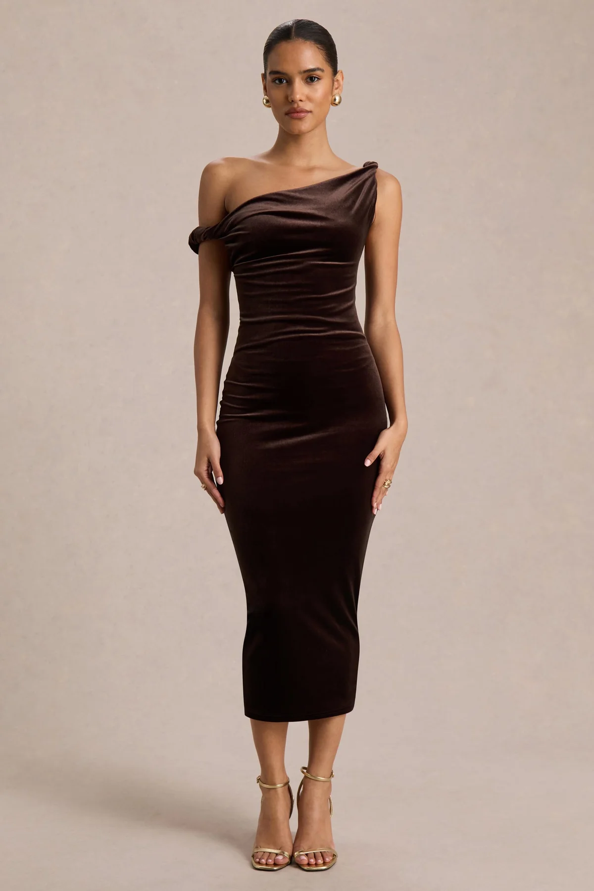 Carella Bottle Green Velvet Twisted Asymmetric Midi Dress